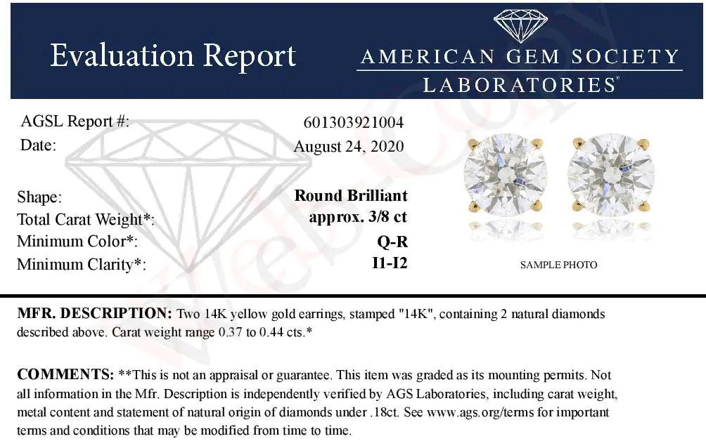 AGS Certified 0.40 Cttw Round Brilliant-Cut Diamond 14K Yellow Gold Classic 4-Prong Solitaire Stud Earrings (L-M Color, I1-I2 Clarity) - Evallys.com # #