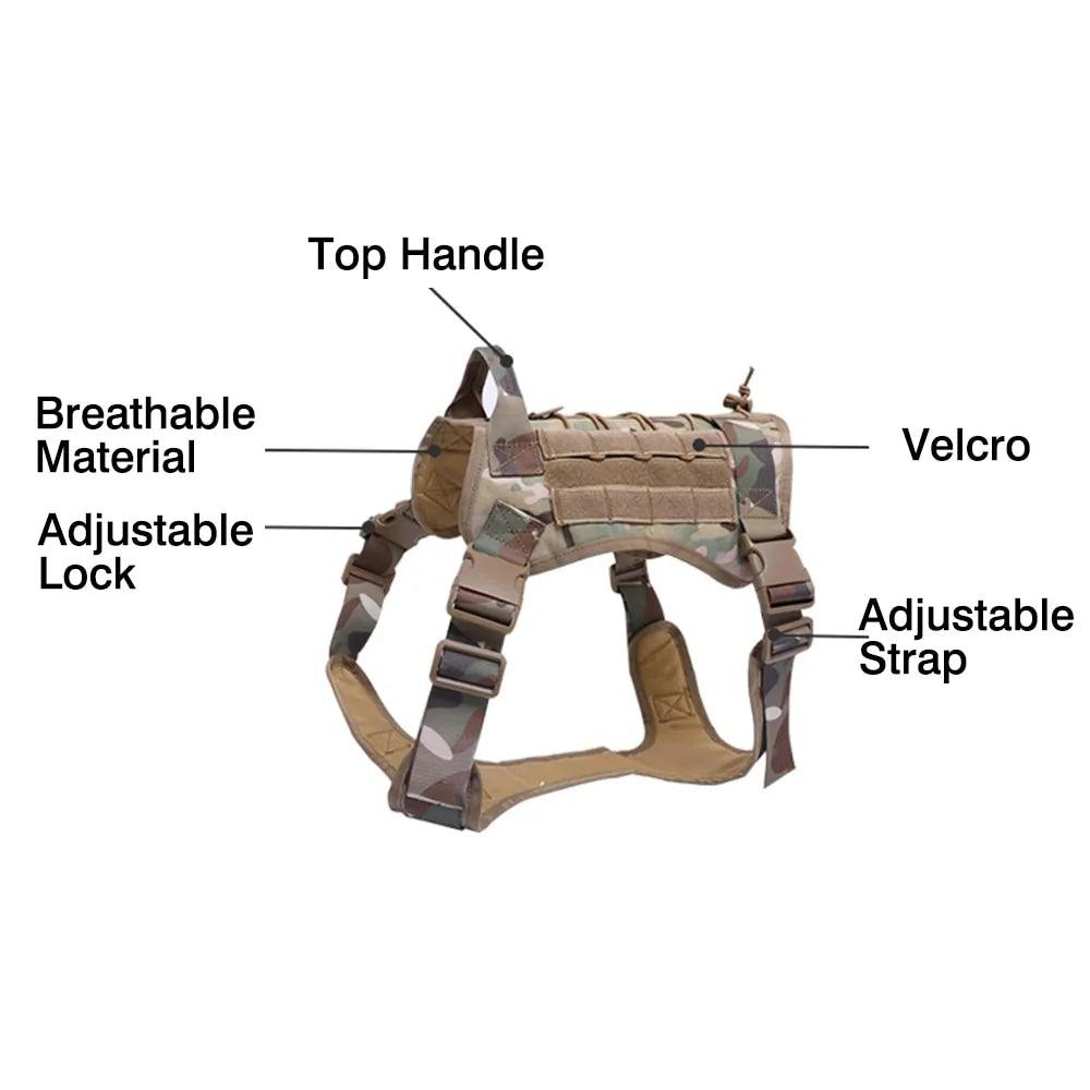 Nylon Tactical Dog Harness with Handle & Bungee Leash for Large Dogs - Evallys.com # #