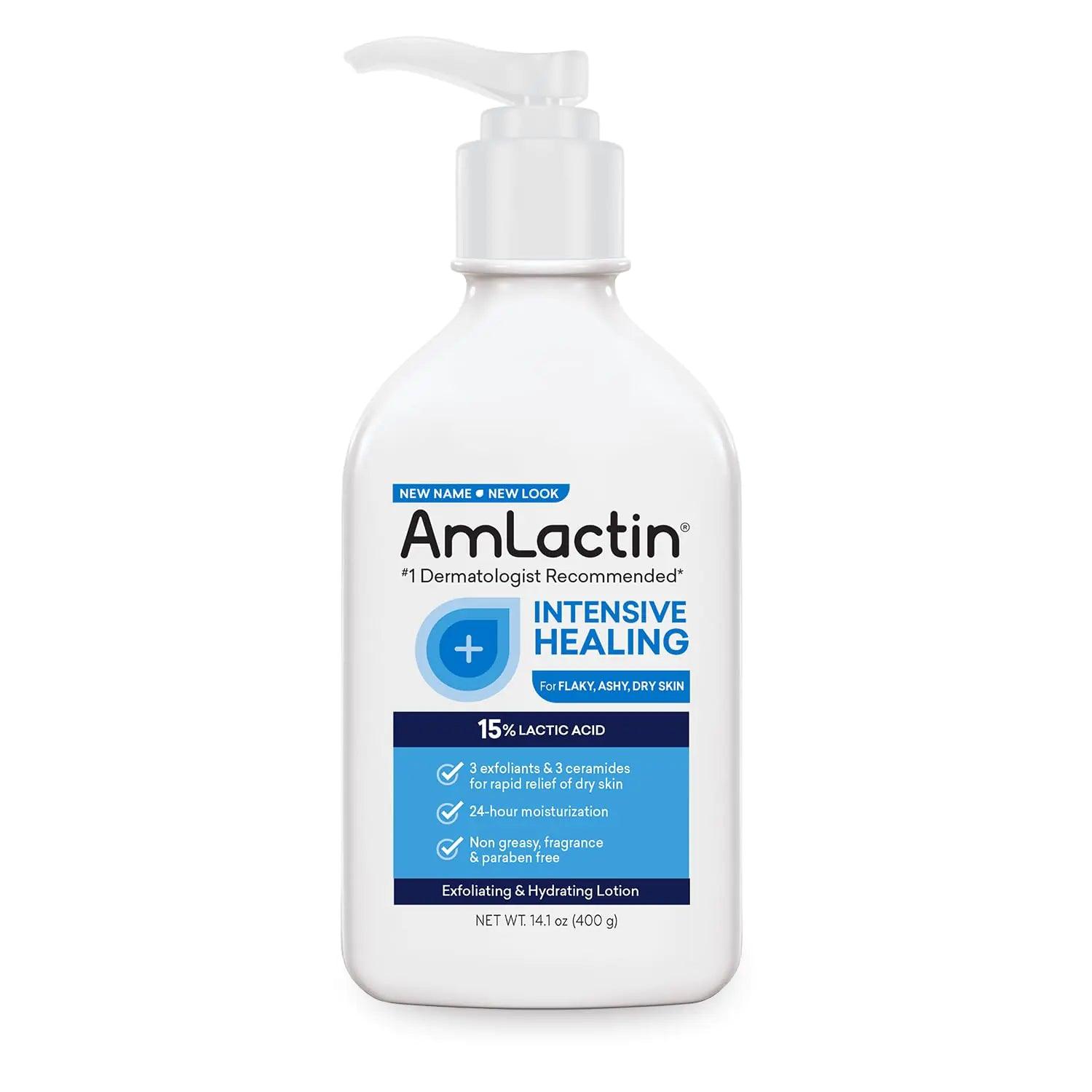 AmLactin Intensive Healing Body Lotion for Dry Skin – 14.1 oz Pump Bottle – 2-in-1 Exfoliator & Moisturizer with Ceramides & 15% Lactic Acid for Relief from Dry Skin (Packaging May Vary) 14.1 Fl Oz (Pack of 1) - Evallys.com # #