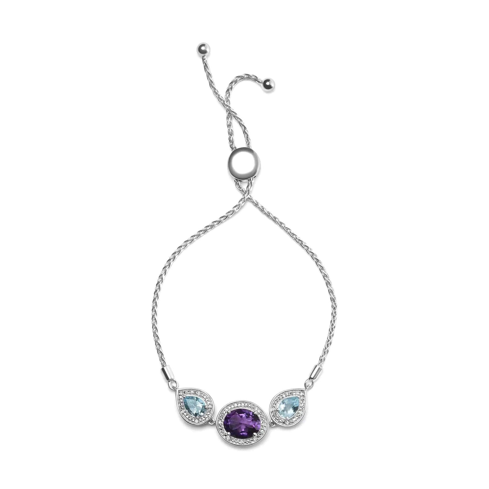 .925 Sterling Silver Oval Amethyst and Pear Blue Topaz with Diamond Accent Lariat 4”-10” Adjustable Bolo Bracelet (H-I Color, SI1-SI2 Clarity) - Evallys.com # #