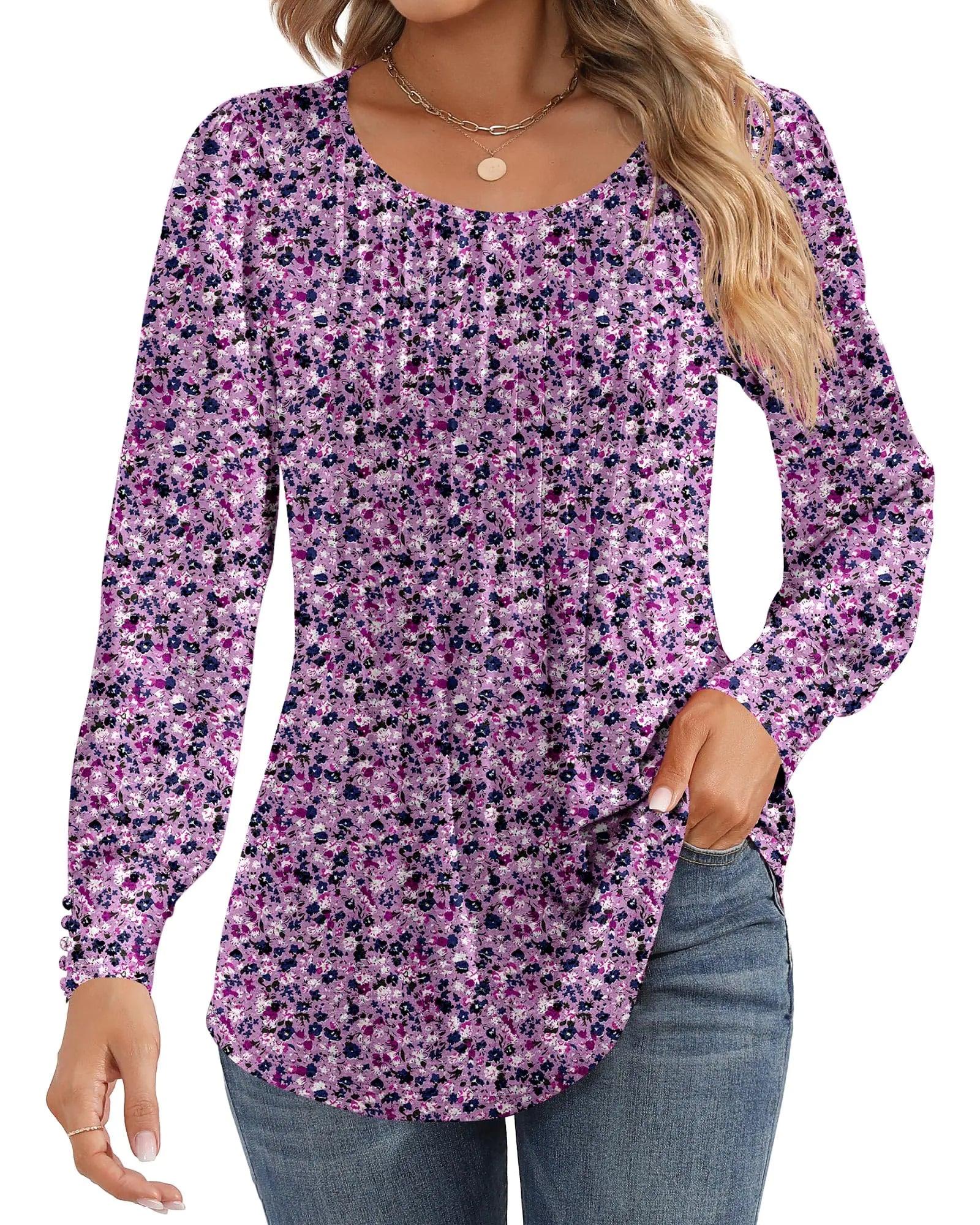 Ficerd Women's Puff Long Sleeve Tunic Tops Pleated Crew Neck Blouses Dressy Casual Loose Fit Fall and Winter Shirts Pink Floral Large - Evallys.com