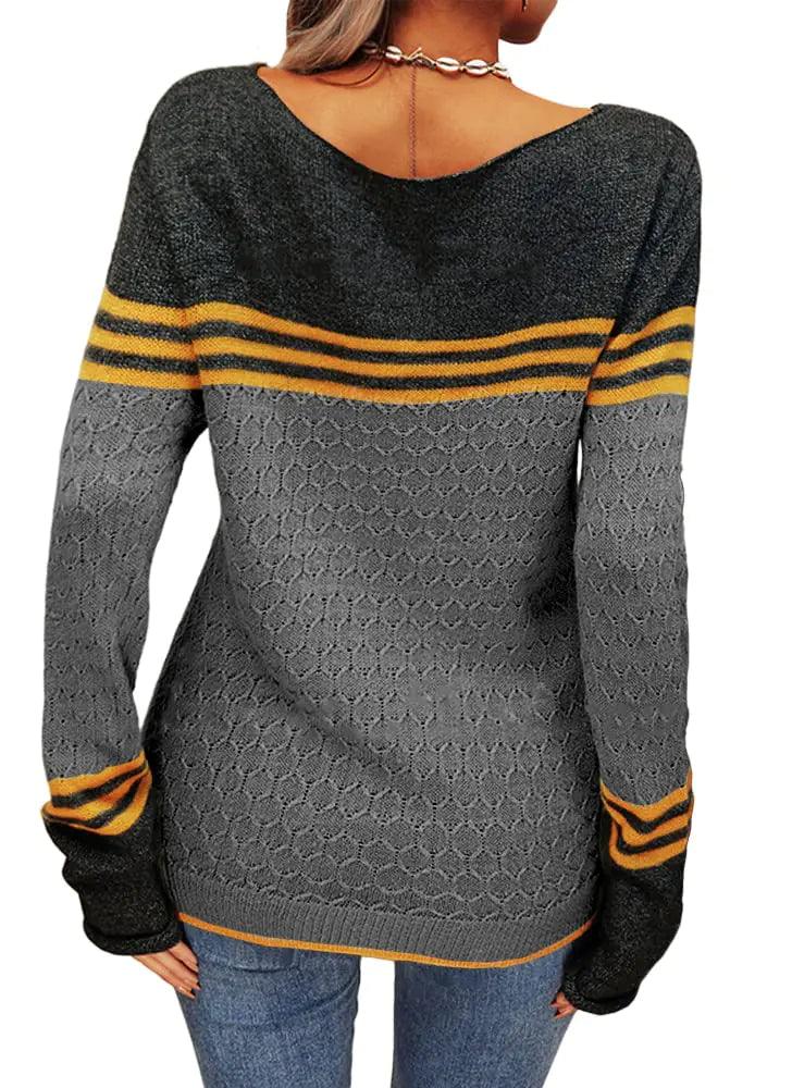 Danedvi Women Autumn Winter Colorblock Pullover Sweaters Round Neck Striped Slim Fitting Knitwear Tops Black Large - Evallys.com # #