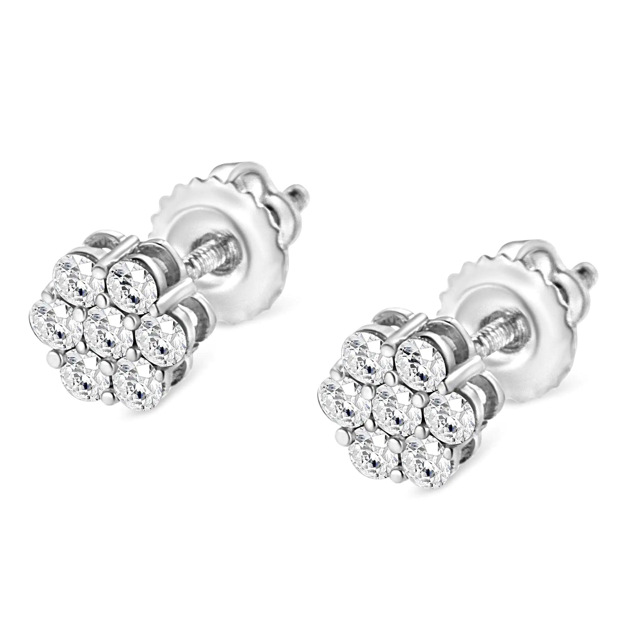 14K White Gold 1/3 Cttw Floral Cluster Diamond Stud Earrings with Screw backs (I-J Color, SI2-I1 Clarity	) - Evallys.com # #