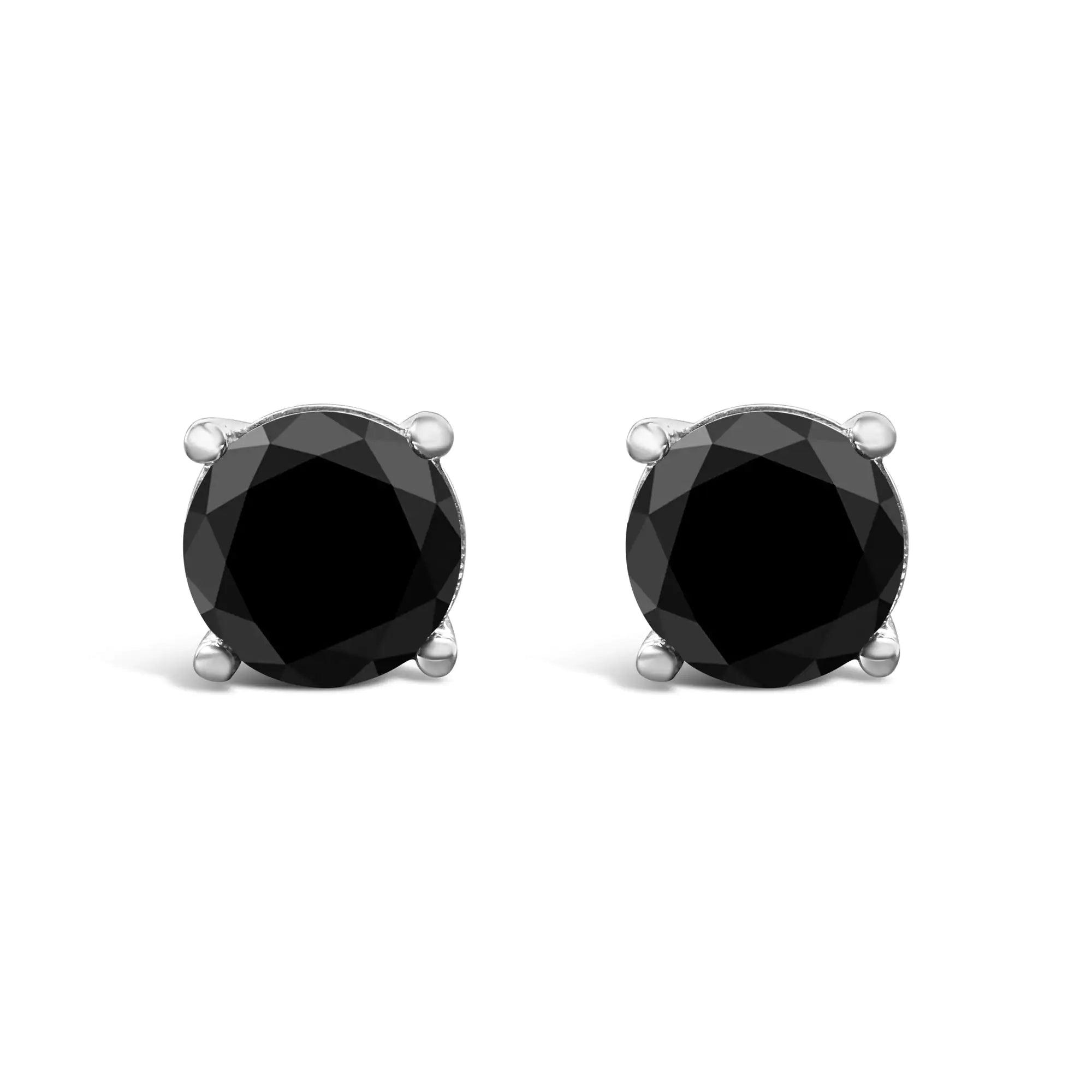 14K White Gold Round Brilliant-Cut Black Diamond Classic 4-Prong Stud Earrings with Screw Backs (Fancy Color-Enhanced, I2-I3 Clarity) - Evallys.com # #