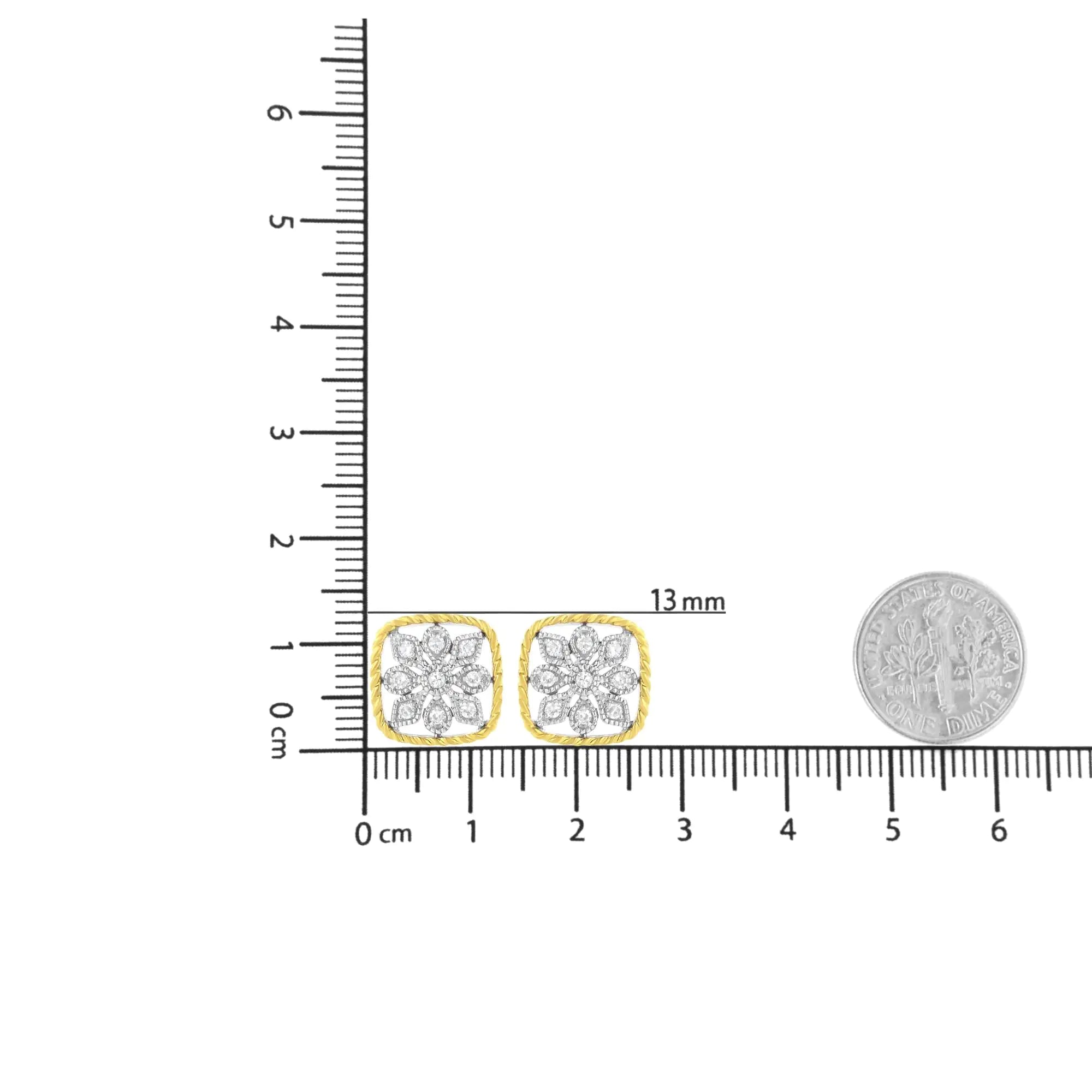 10K Yellow Gold Plated .925 Sterling Silver 1/4 cttw Diamond "Flower in a Box" Stud Earrings (I-J Color, I2-I3 Clarity) - Evallys.com # #