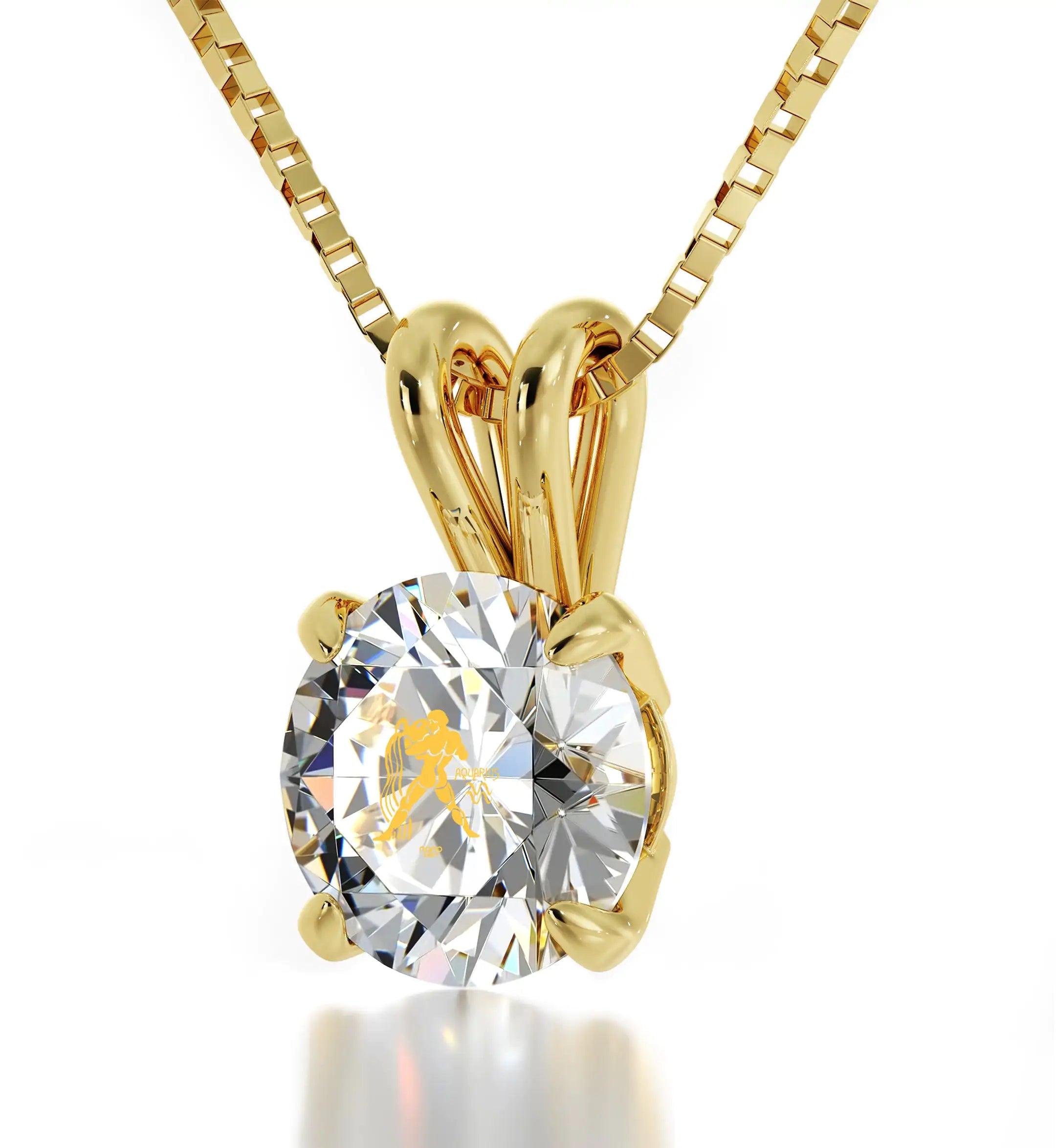 14k Yellow Gold Aquarius Necklace Zodiac Pendant 24k Gold inscribed on Crystal - Evallys.com # #