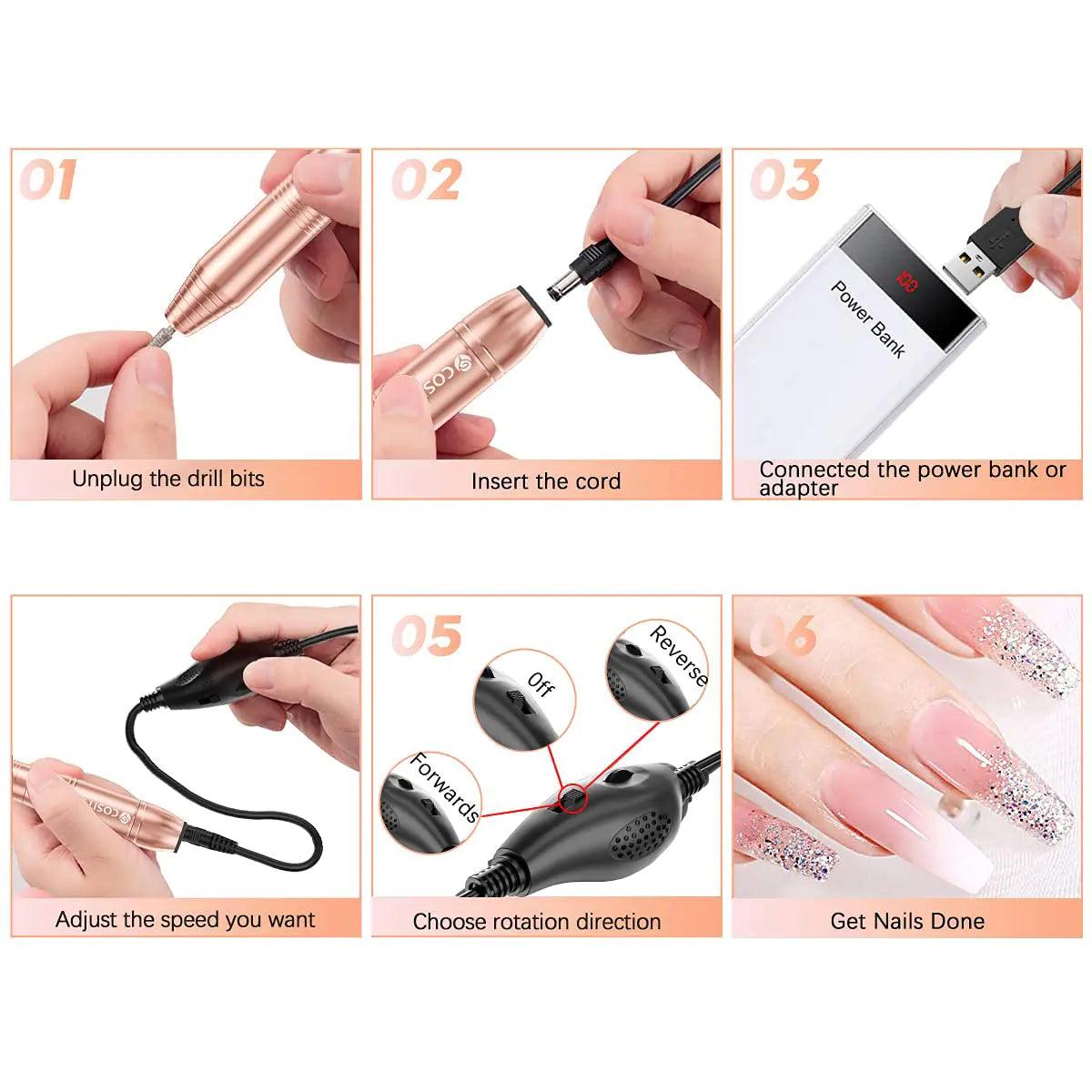 Electric Nail Drill, USB Electric Nail Drill Machine for Acrylic Nails, Portable Electrical Nail File Polishing Tool Manicure Pedicure Efile Nail Supplies for Home and Salon Use, Gold - Evallys.com # #