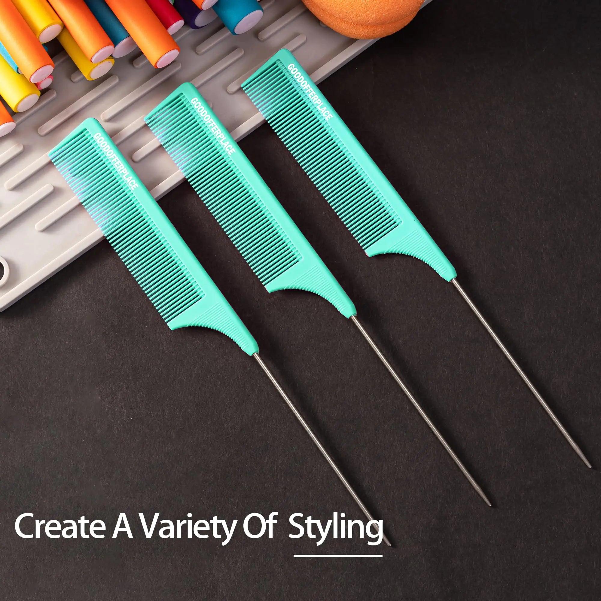 3 PCS Rat Tail Combs Parting Rattail Combs Teasing Fine Tooth Comb with Metal Pick for Curly Hair,Detangling Combs for Women,Parting Combs for Braiding,Styling Hair(Green) Grenn - Evallys.com # #