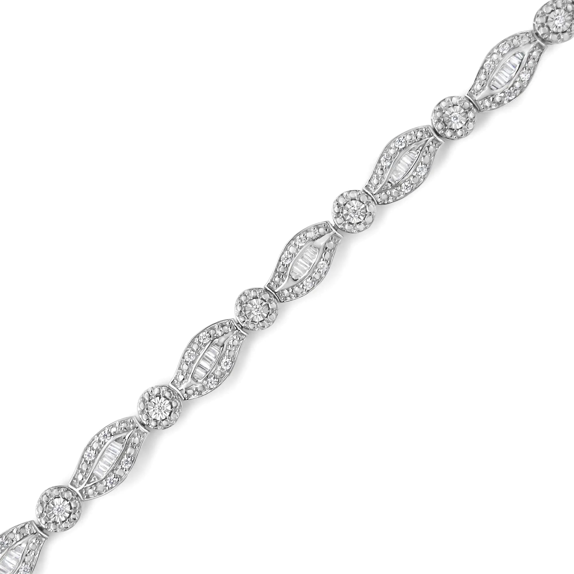 .925 Sterling Silver 1 cttw Diamond Double Leaf and Bezel Link Bracelet (I-J Clarity, I2-I3 Color) - Size 7.25" - Evallys.com # #