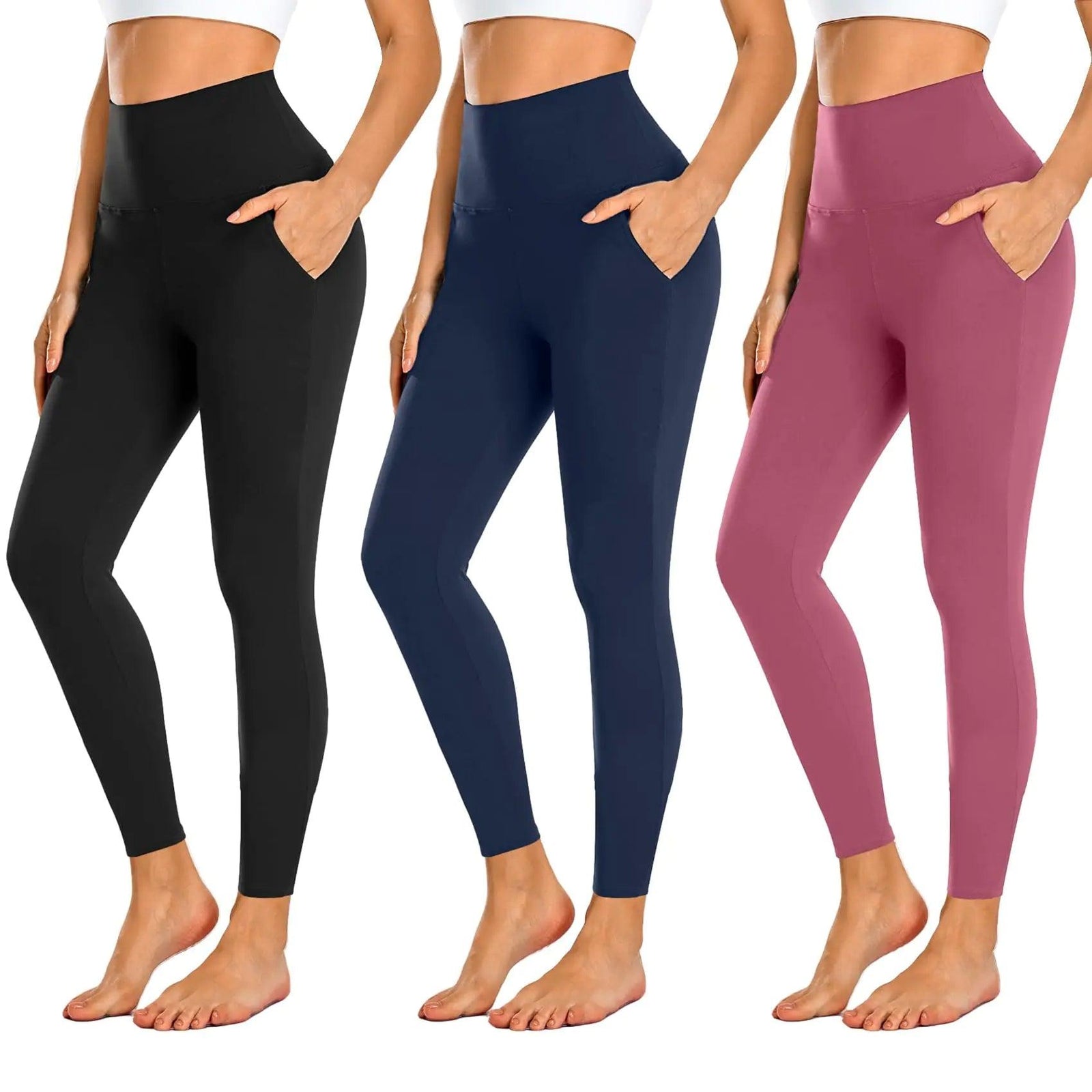 NEW YOUNG 3 Pack Leggings with Pockets for Women,High Waisted Tummy Control Workout Yoga Pants Small-Medium 3 Pack-c-black/Navy/Rose Pink - Evallys.com # #