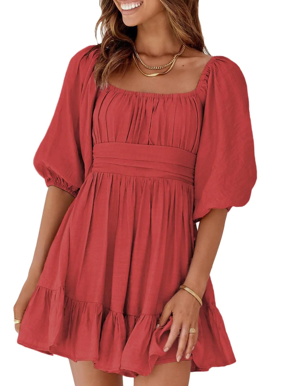 Dokotoo Womens Summer Dresses Square Neck Tie Back Lantern Sleeve Ruffle A-Line Casual Dress XX-Large 4 Red - Evallys.com # #