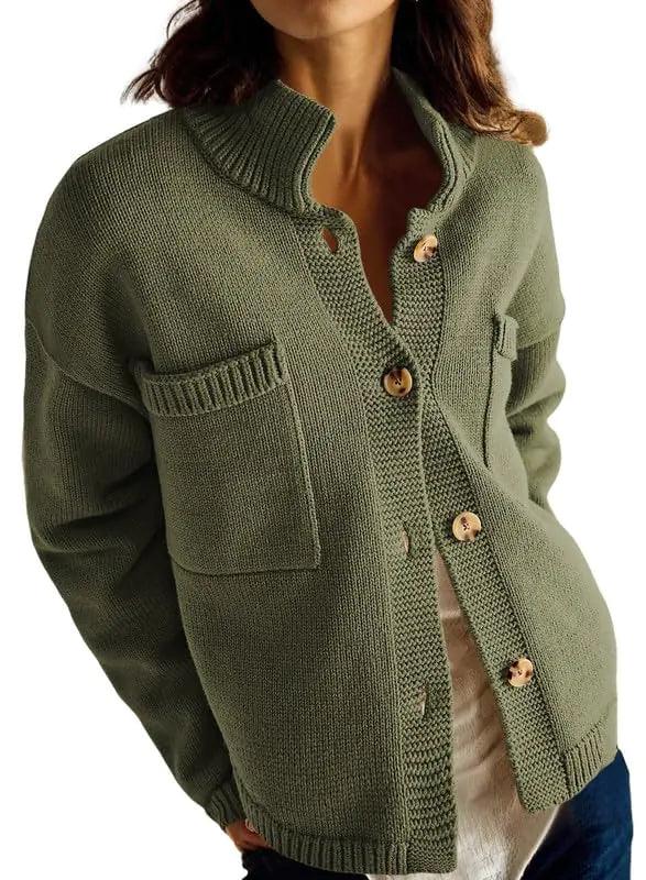 Dokotoo Womens Fashion Cardigan Sweaters Casual Open Front Long Sleeve Button Down Knit Outwear Stand Collar Fall Sweaters Large Green - Evallys.com # #