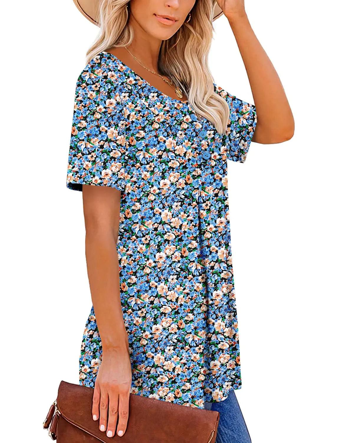 ROSELINLIN Women's Short Sleeve Shirts Floral Summer Tops Loose Fit for Leggings Medium Orange Blue - Evallys.com # #