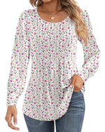 Ficerd Women's Puff Long Sleeve Tunic Tops Pleated Crew Neck Blouses Dressy Casual Loose Fit Fall and Winter Shirts Pink Floral Large - Evallys.com