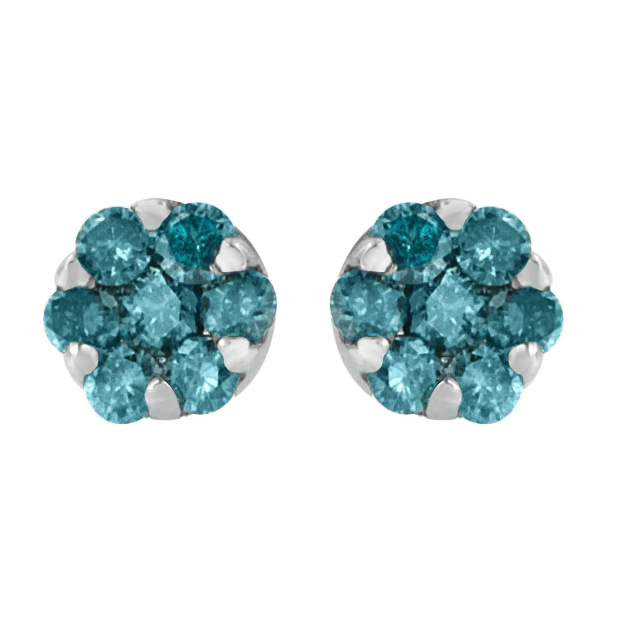 14K White Gold Round Cut Blue Diamond Earrings (1.00 cttw, Blue Color) - Evallys.com # #