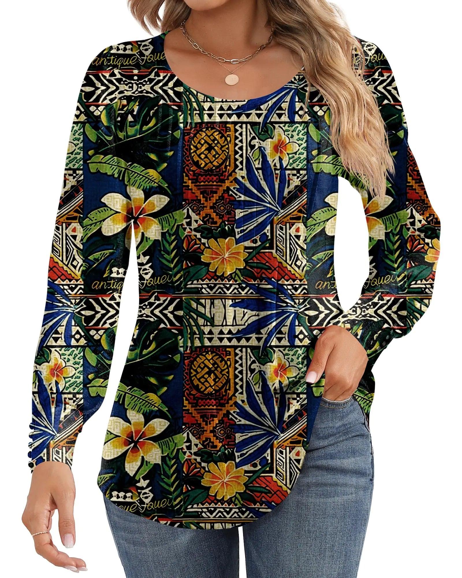 Ficerd Women's Puff Long Sleeve Tunic Tops Pleated Crew Neck Blouses Dressy Casual Loose Fit Fall and Winter Shirts Pink Floral Large - Evallys.com