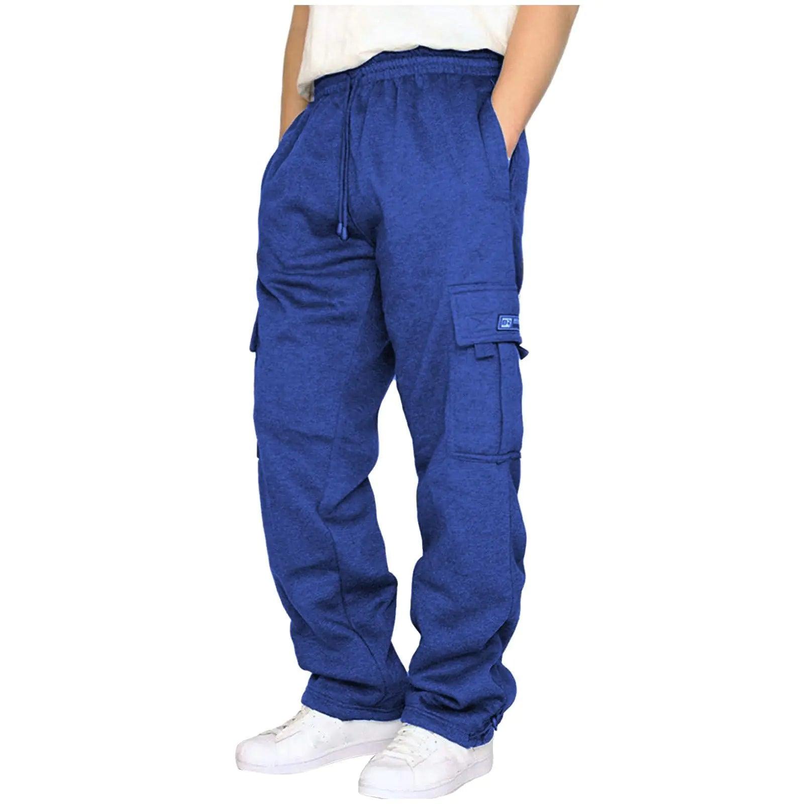 Men's Cargo Sweatpants Casual Fleece Joggers Loose Fit Open Bottom Athletic Pants for Men with Pockets Small Royalblue - Evallys.com # #