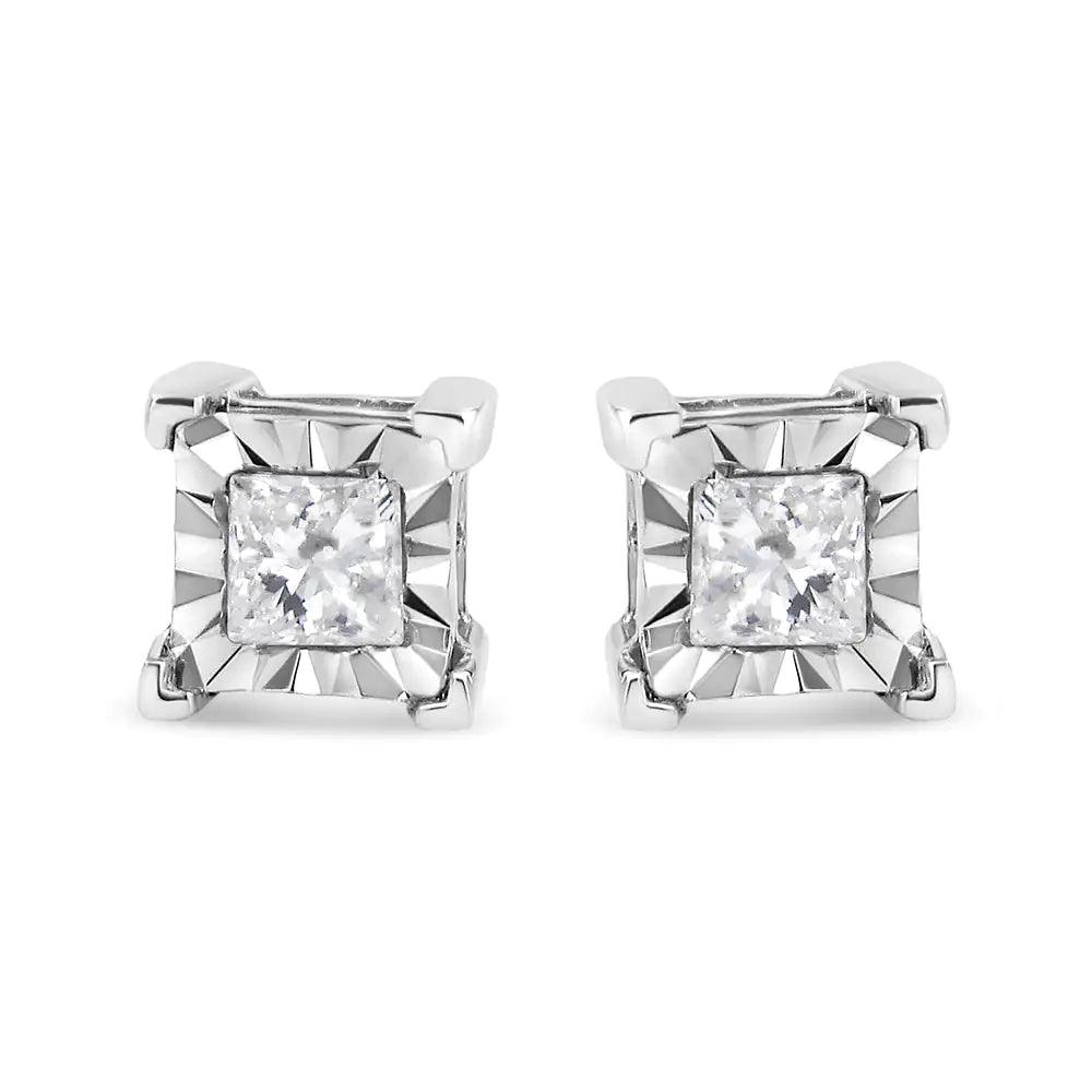 .925 Sterling Silver Miracle Set Princess-cut Diamond Solitaire Stud Earrings (H-I Color, SI2-I1 Clarity) - Evallys.com # #