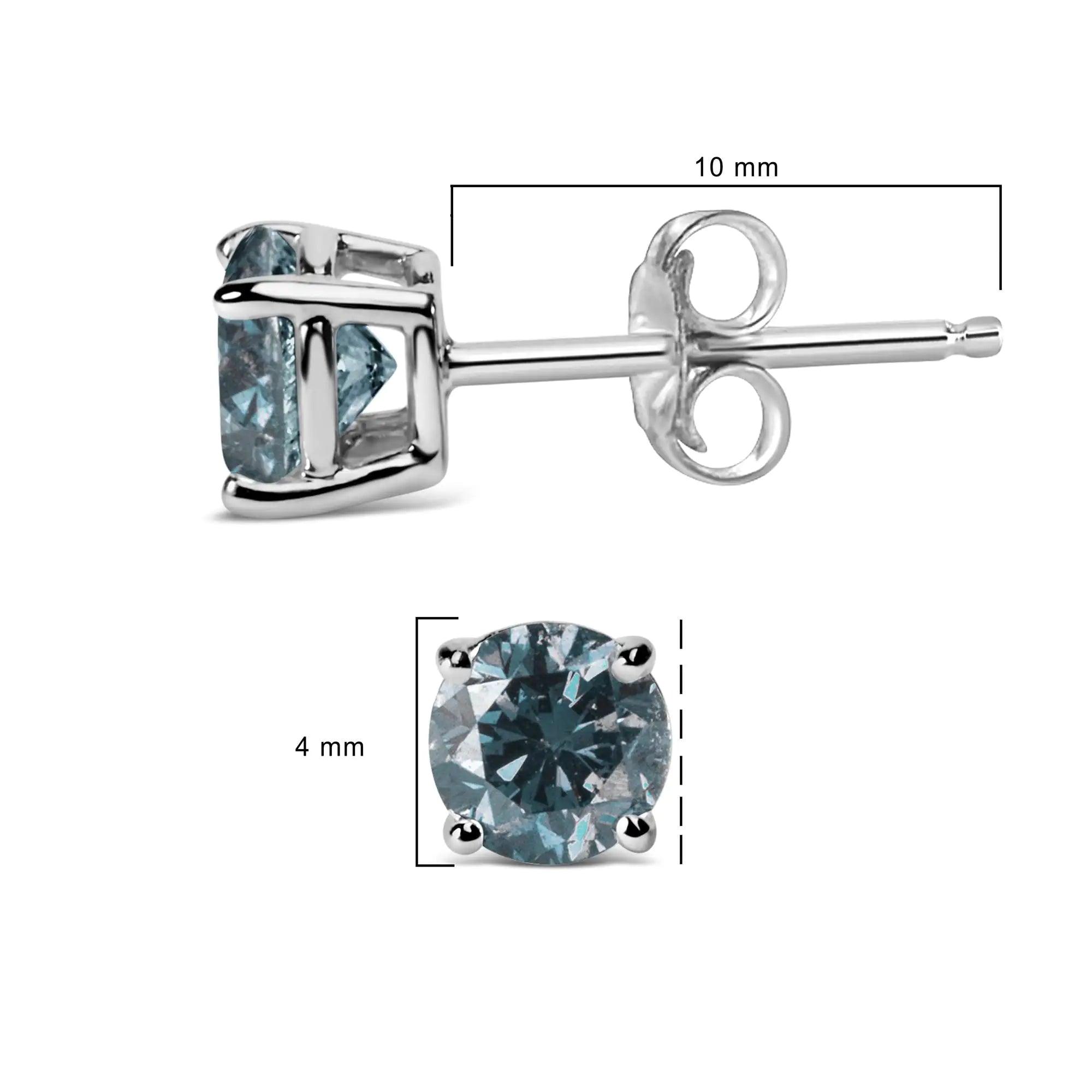 14K Gold Round Brilliant Cut Lab Grown Blue Diamond 4-Prong Classic Solitaire Stud Earrings with Pushbacks - Evallys.com # #