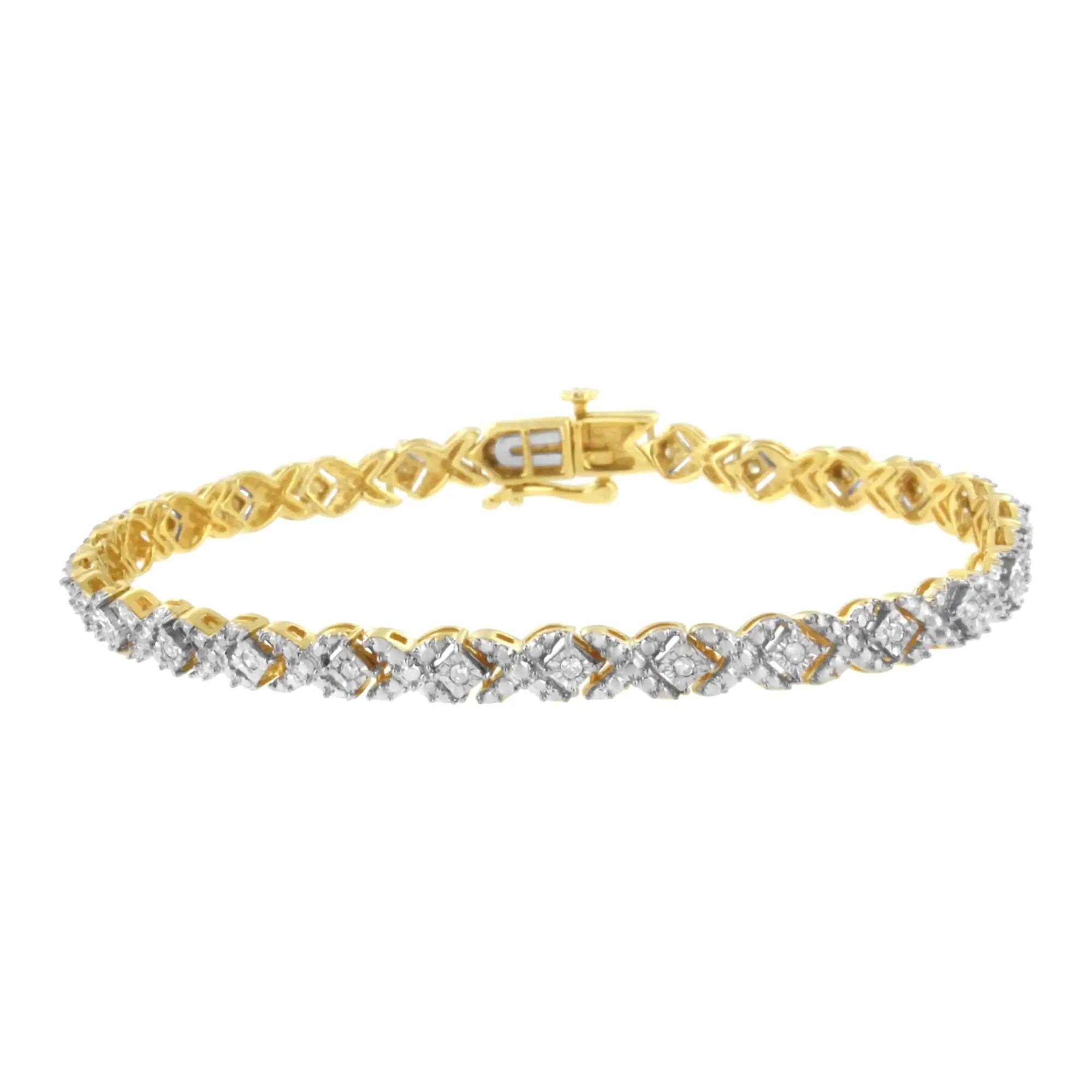 10K Yellow Gold Plated .925 Sterling Silver 1/4 cttw Diamond Alternating "X" and Bezel Link Bracelet (I-J Color, I2-I3 Clarity) - Size 7.25 " - Evallys.com # #