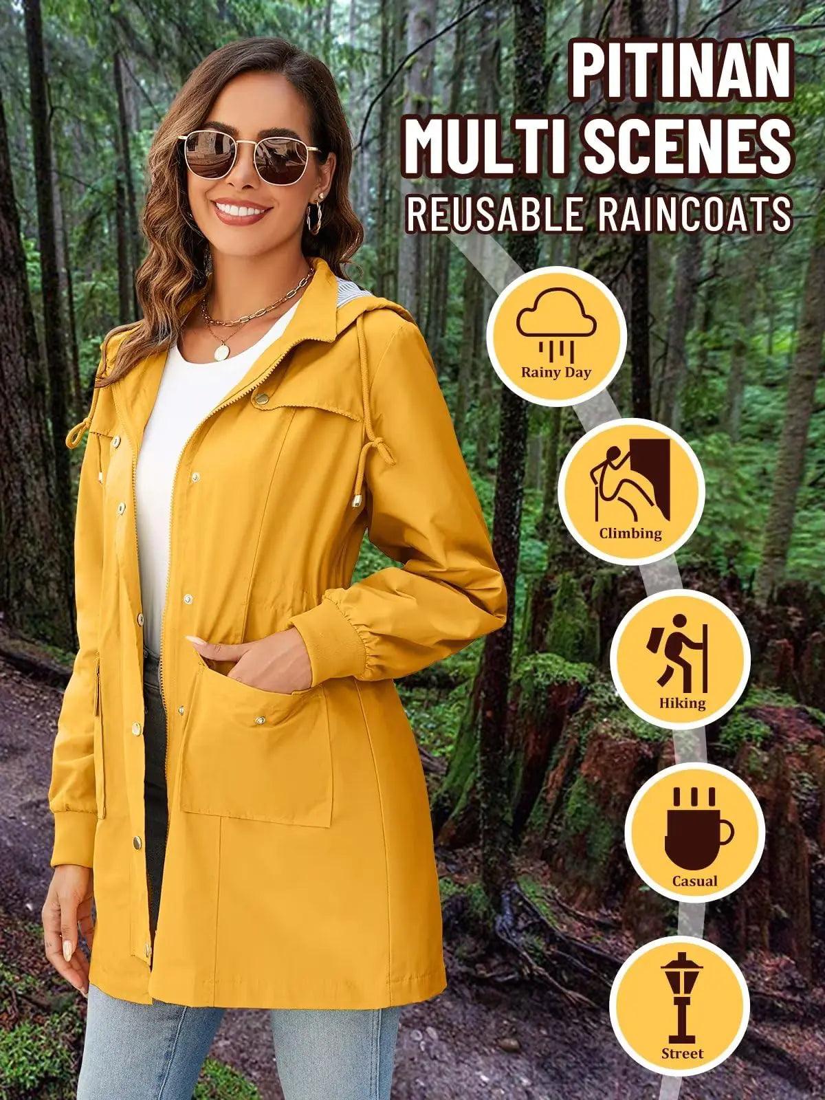 PITINAN Rain Jackets For Women Waterproof Rain Coats with Hood Lightweight Windbreaker Outdoor Trench Coat Medium Yellow - Evallys.com # #