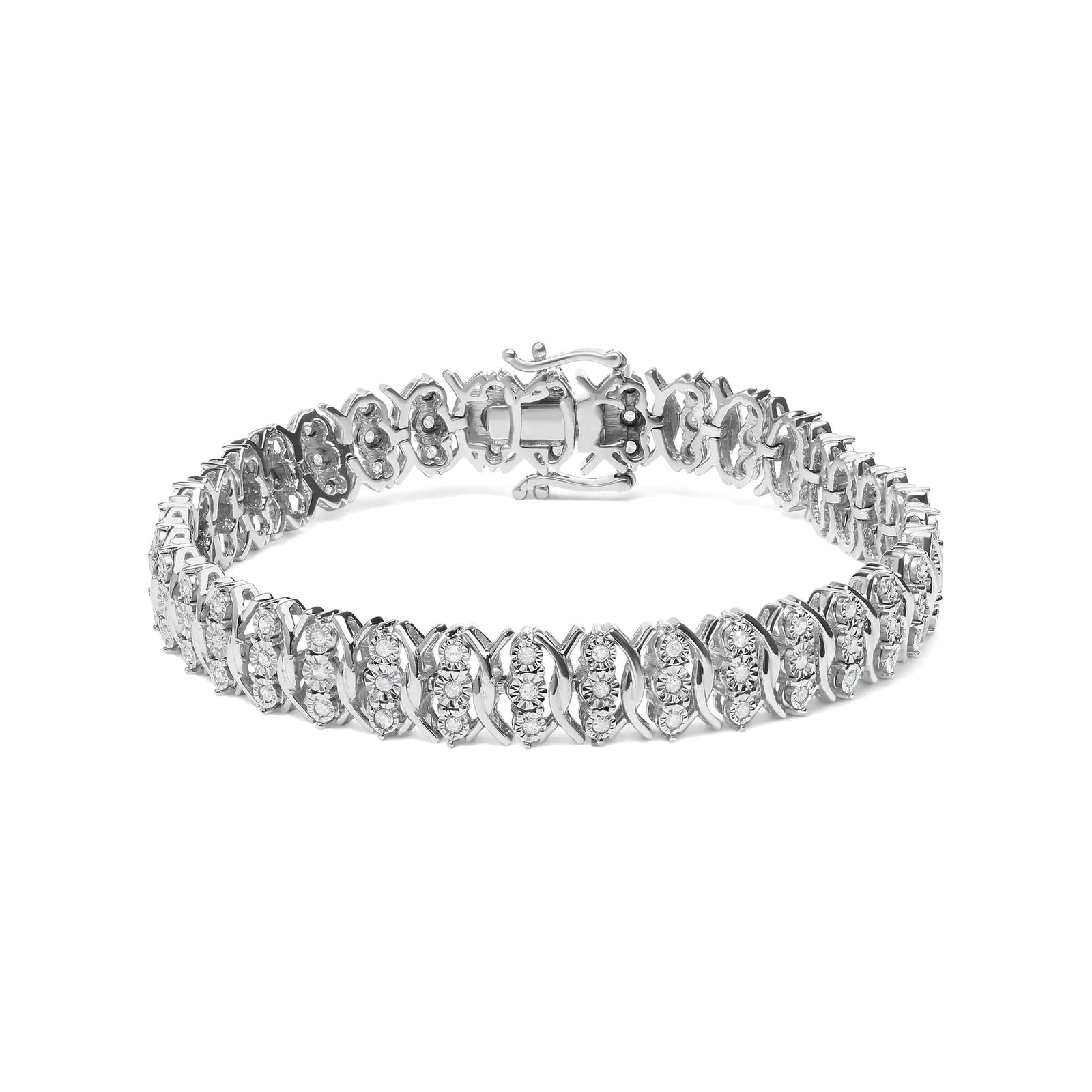 .925 Sterling Silver 1.0 Cttw Miracle Set Diamond 3 Row Wave Link Bracelet (I-J Color, I2-I3 Clarity) - 7.25