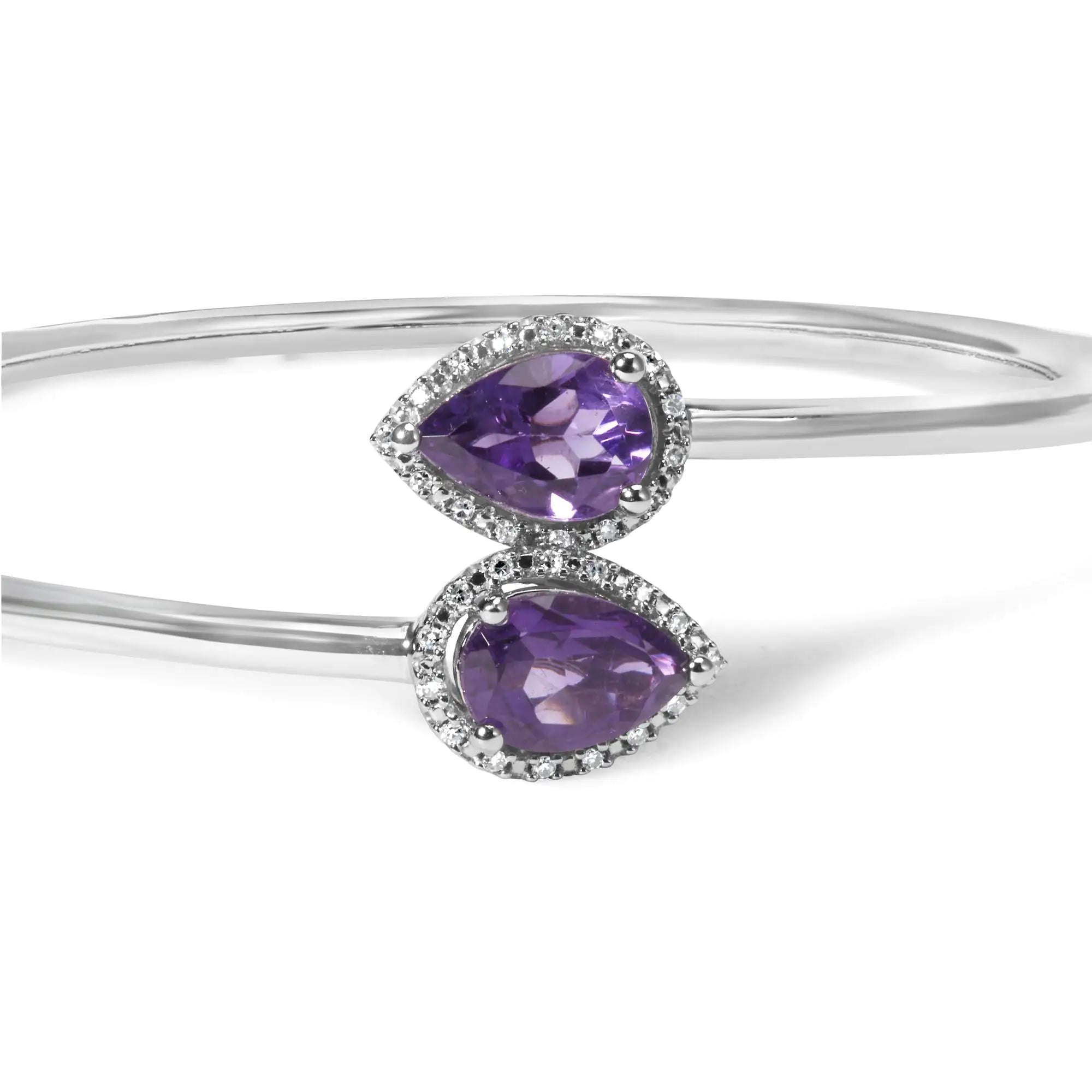 .925 Sterling Silver 8 x 5.5mm Pear Shape Amethyst  and Diamond Accent Halo Bypass Bangle Bracelet (H-I Color, SI1-SI2 Clarity)  - Fits up to 7" Inches - Evallys.com # #