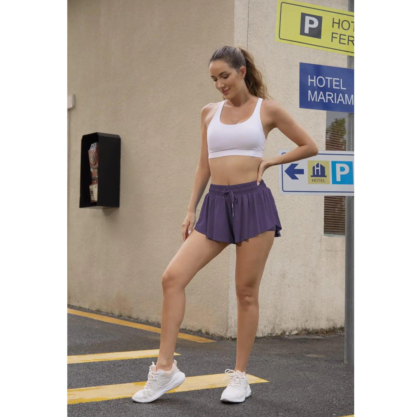 Flowy Athletic Shorts for Women Running Tennis Butterfly Shorts Girls 2-in-1 Double Layer Quick-Drying Comfy Shorts X-Large Deep Purple - Evallys.com # #