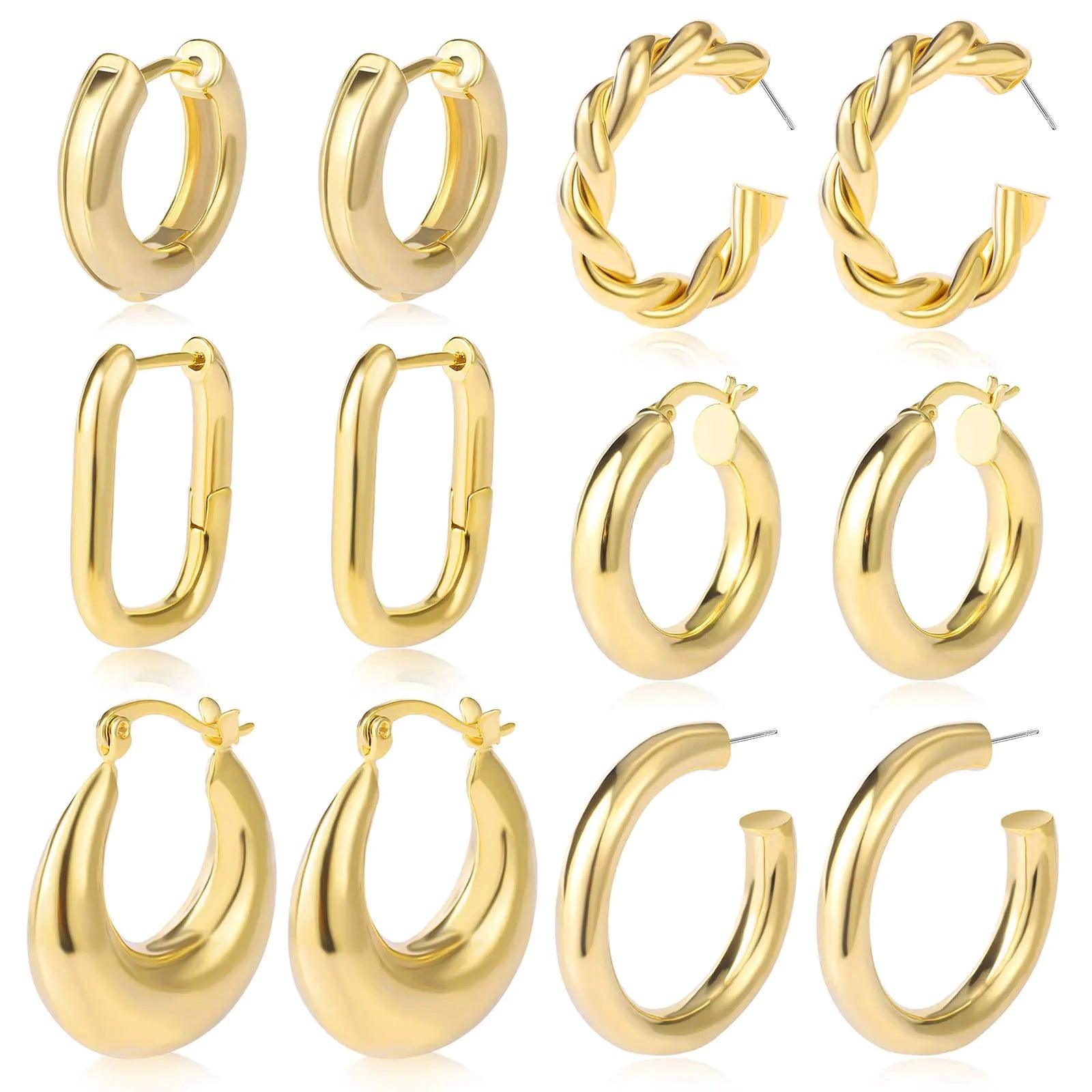 6 Pairs Chunky Gold Hoop Earrings Set for Women 14K Gold Plated Hypoallergenic Thick Open Huggie Hoop Set Jewelry for Gifts 01-Gold - Evallys.com # #