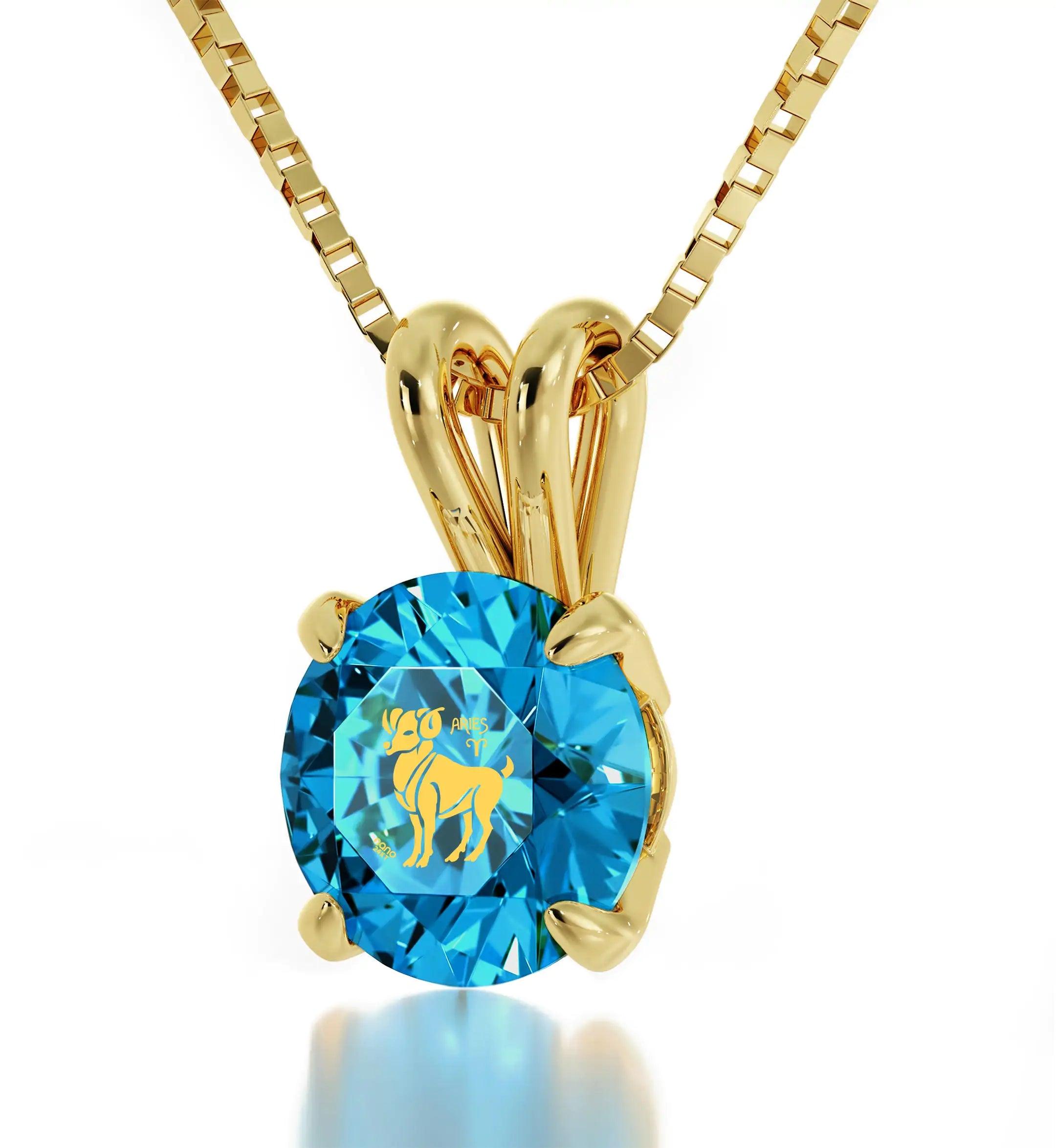 14k Yellow Gold Aries Necklace Zodiac Pendant 24k Gold inscribed on Crystal - Evallys.com # #