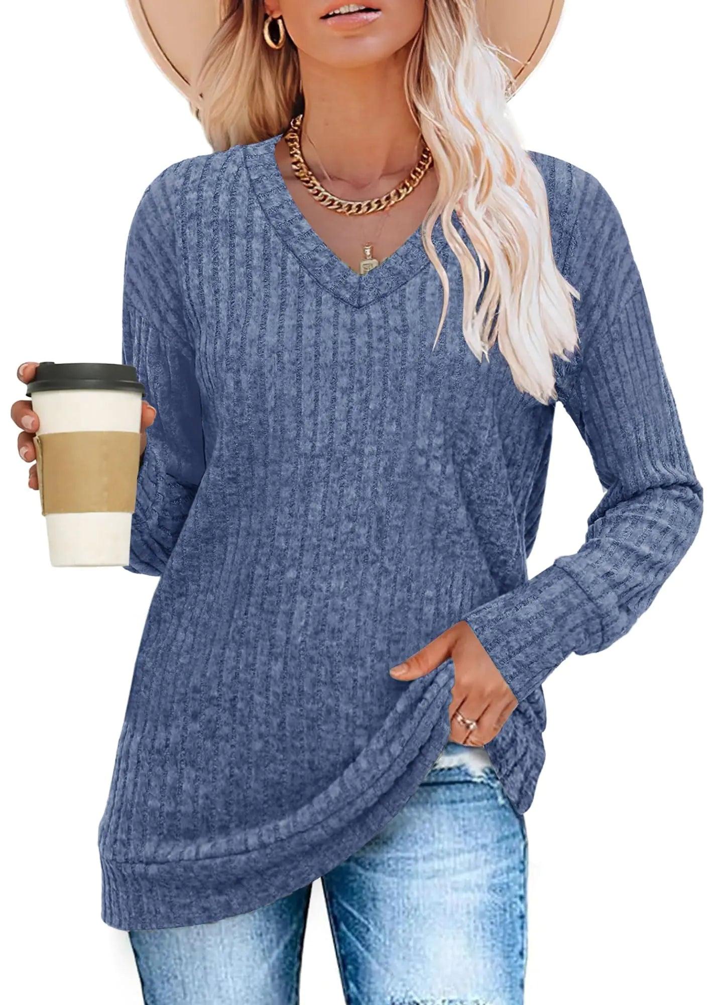 Womens V Neck Sweaters Lightweight Long Sleeve Tunic Tops Shirts Casual Sweatshirt Trendy Blue XX-Large - Evallys.com # #