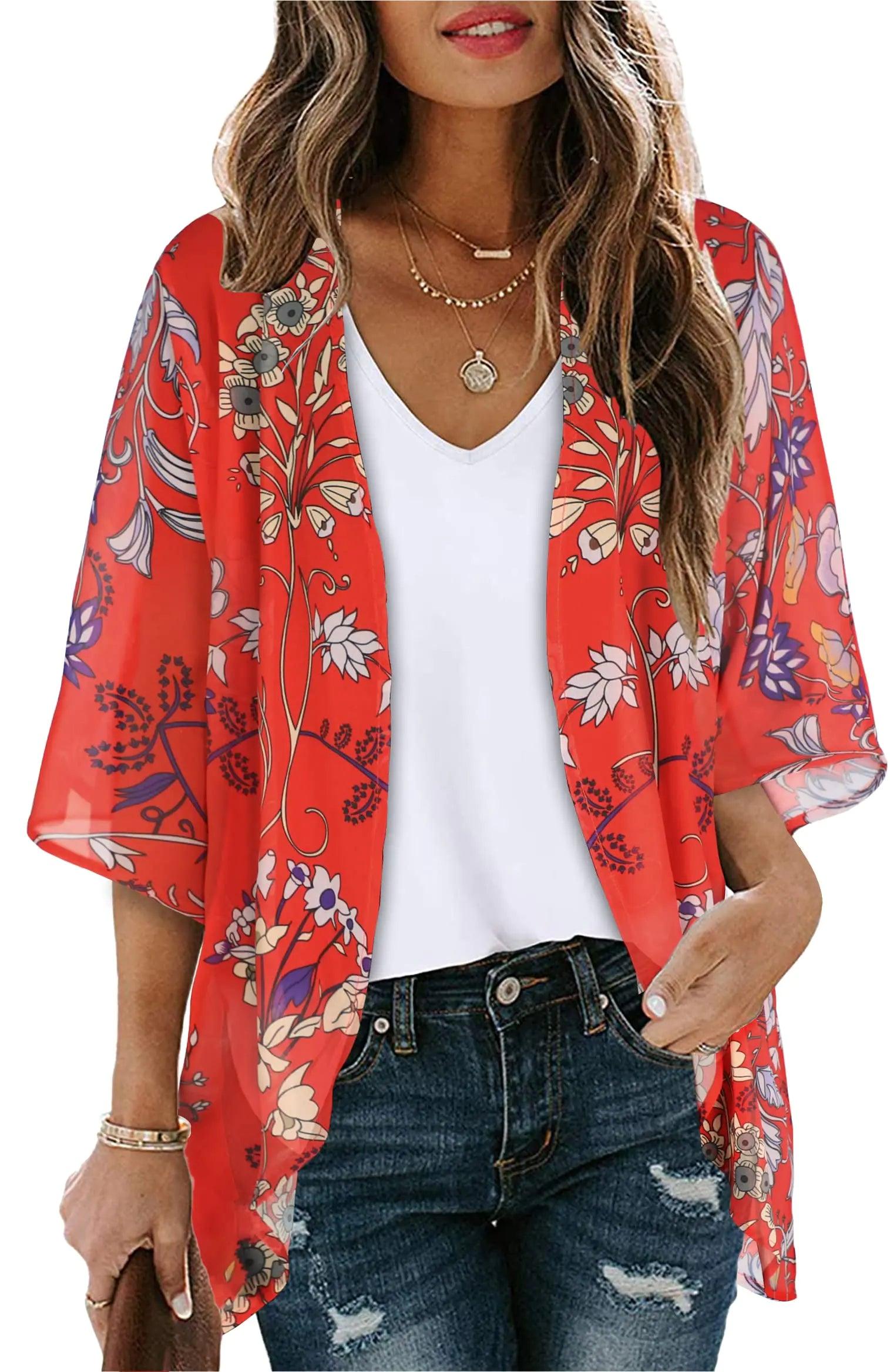 Women's Floral Print Puff Sleeve Kimono Cardigan Loose Cover Up Casual Blouse Tops Small Orange Black - Evallys.com