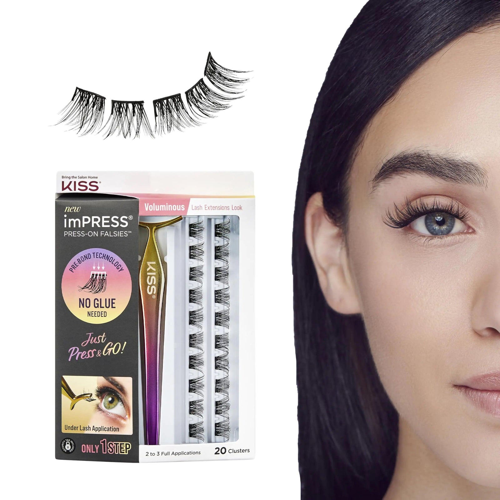 KISS imPRESS Falsies False Eyelashes, Lash Clusters, 'Voluminous', 14 mm, Includes 20 Clusters, 1 applicator, Contact Lens Friendly, Easy to Apply, Reusable Strip Lashes 21 Piece Set - Evallys.com # #