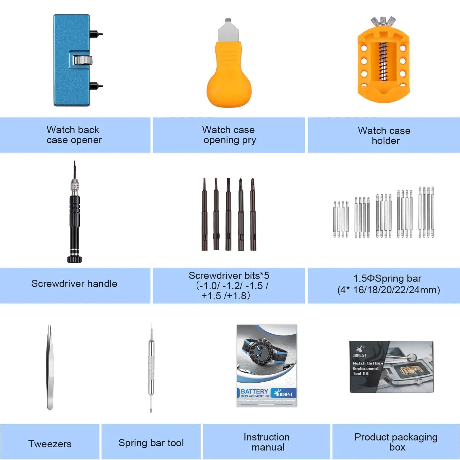 JOREST Watch Battery Replacement Kit, Watch Repair Screwdriver, Watch Band Replacement tool, Watch Wrench Back Remover, Watch Case Opener, Watch Back Remover Holder, Spring bar, Tweezers - Evallys.com # #