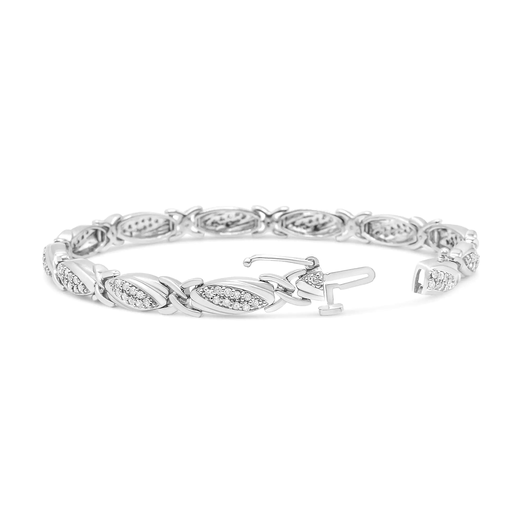 .925 Sterling Silver 1.00 Cttw Round Diamond X-Link Bracelet (I-J Color, I2-I3 Clarity) - Size 7.25" - Evallys.com # #