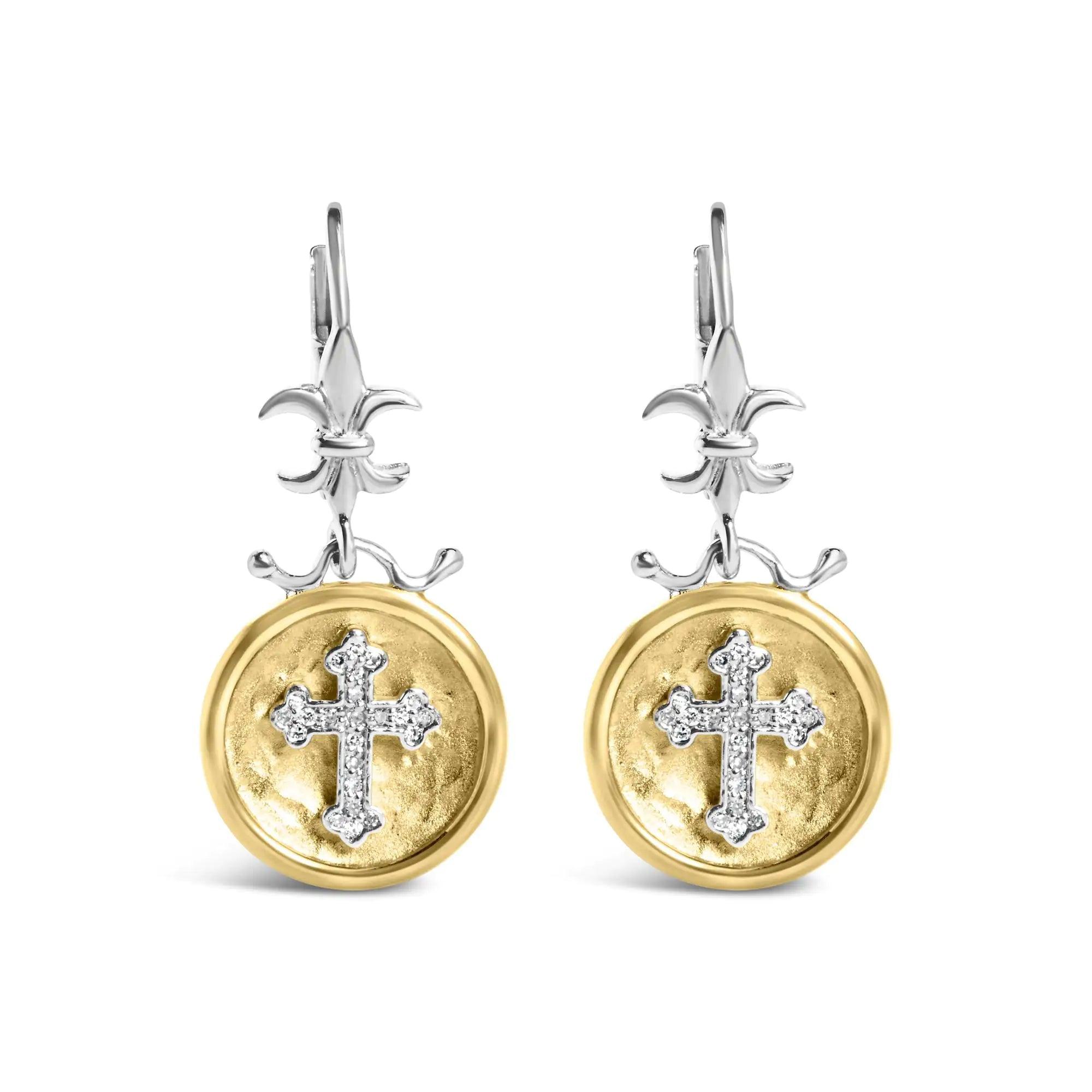 18K Yellow Gold Plated .925 Sterling Silver 1/8 Cttw Diamond Hammered Finished Medallion with Cross Drop and Dangle Earrings (I-J Color, SI1-SI2 Clarity) - Evallys.com # #