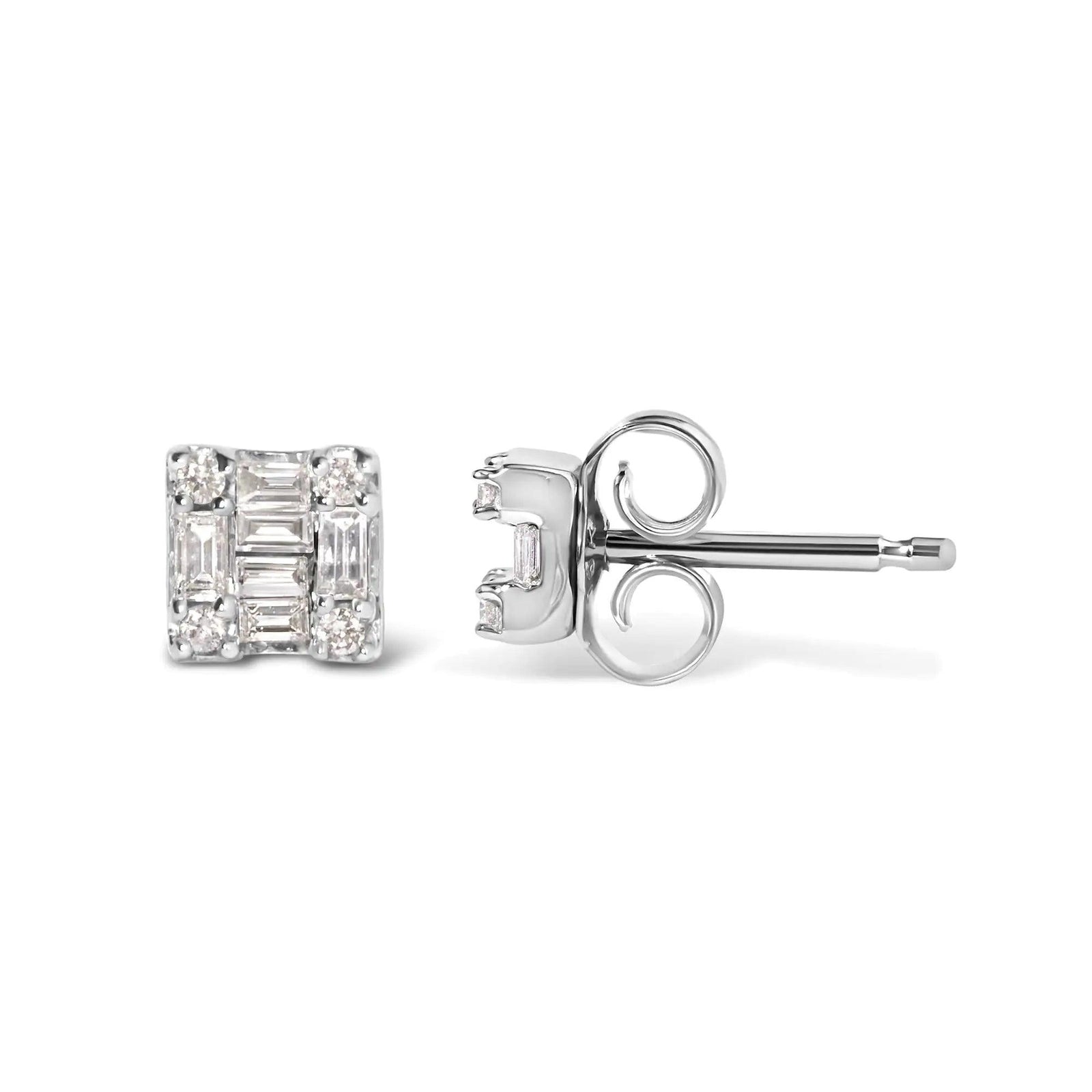 10K White Gold 1/7 Cttw Round and Baguette Diamond Mosaic Square Stud Earrings (H-I Color, I1-I2 Clarity) - Evallys.com # #