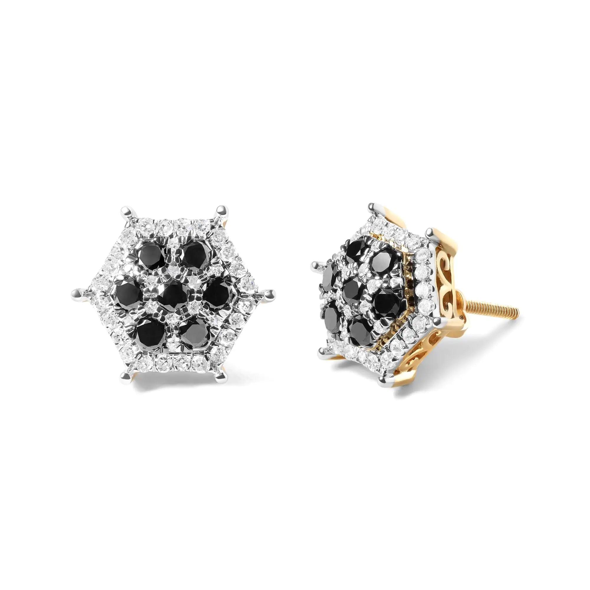 Men's 10K Yellow Gold 7/8 Cttw White and Black Treated Diamond Earring (Black / I-J Color, I2-I3 Clarity) - Evallys.com # #