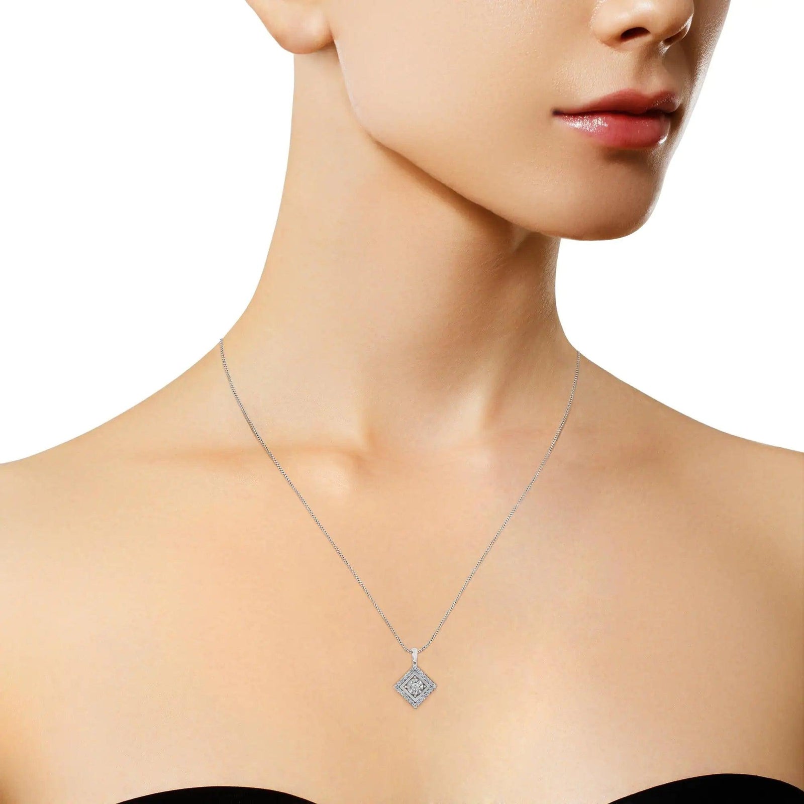 10KT White Gold 1/2 cttw Diamond Square Pendant Necklace (I-J Color, I2-I3 Clarity) - Evallys.com # #