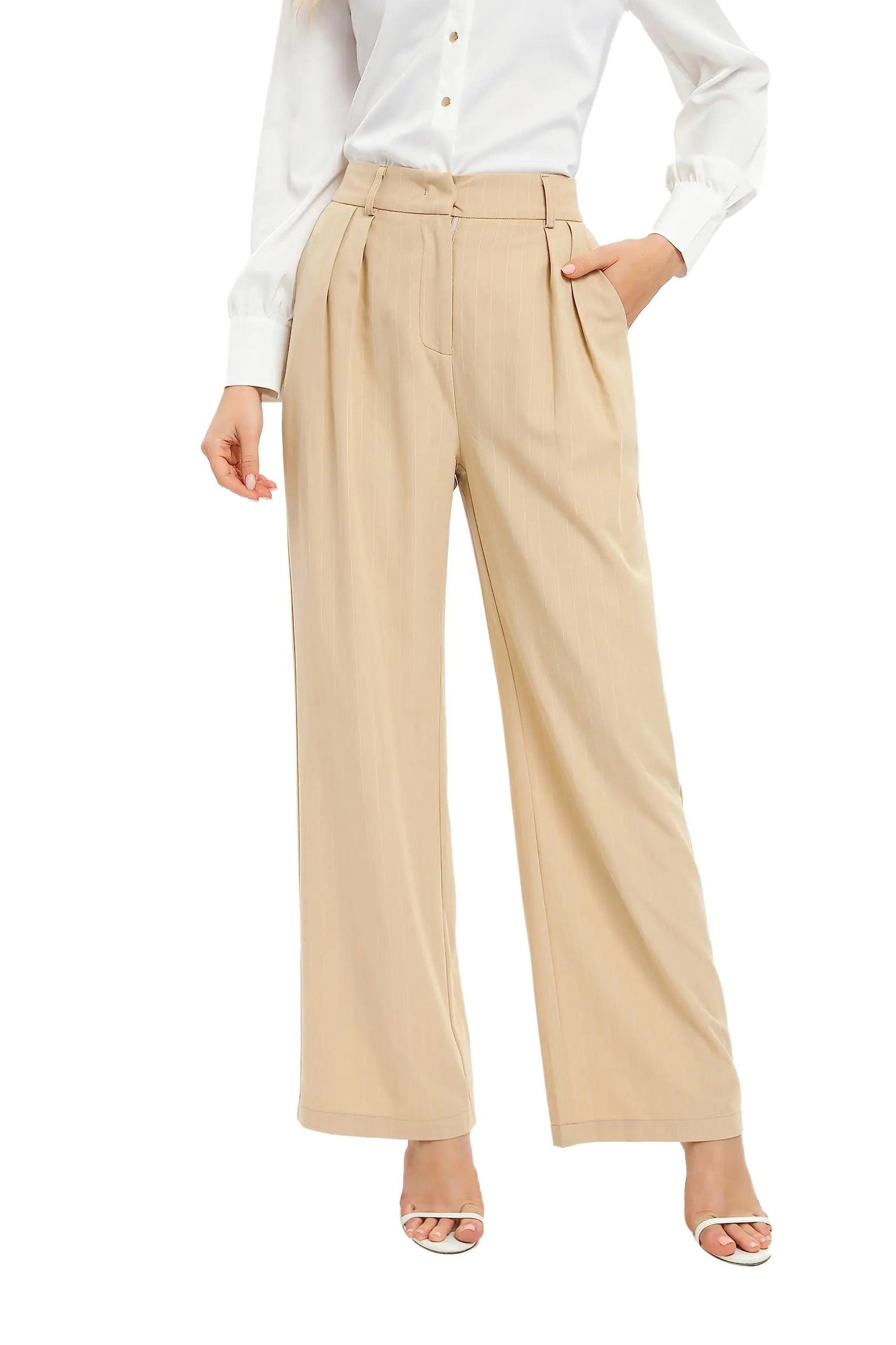 Women Office Wide High Waist Pants Loose Fit Elastic Waist Pleated Front Trousers for Work Casual Small Apricot (Stripe) - Evallys.com # #