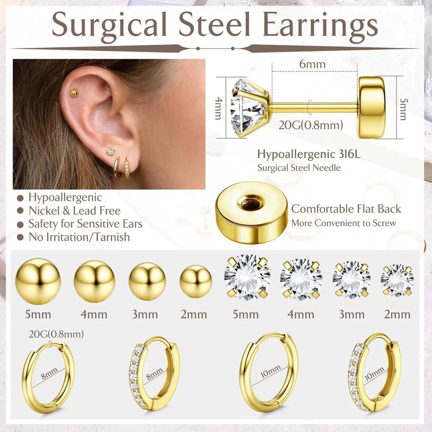 Jstyle Hypoallergenic Surgical Steel Earrings for Sensitive Ears 14K Gold Flat Back Earrings for Women Men Small Stainless Steel Earrings Flatback Stud Hoop Cartilage Earring Set for Multiple Piercing Gold Tone - Evallys.com # #