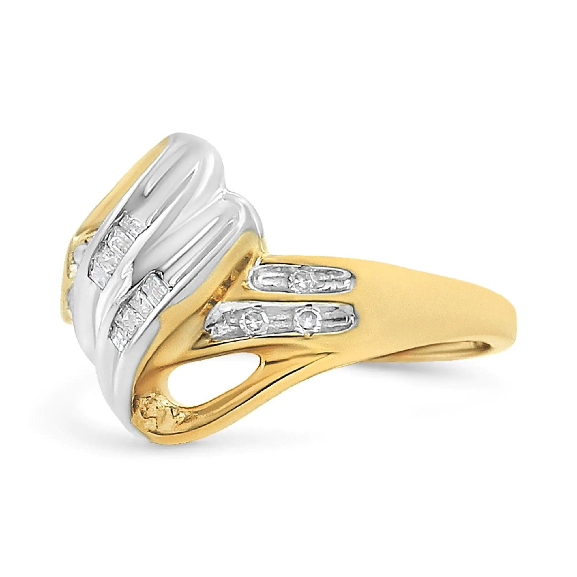 10K Yellow and White Gold 1/10 Cttw Baguette and Round-Cut Diamond Bypass Ring (I2 Color, H-I Clarity) - Evallys.com # #