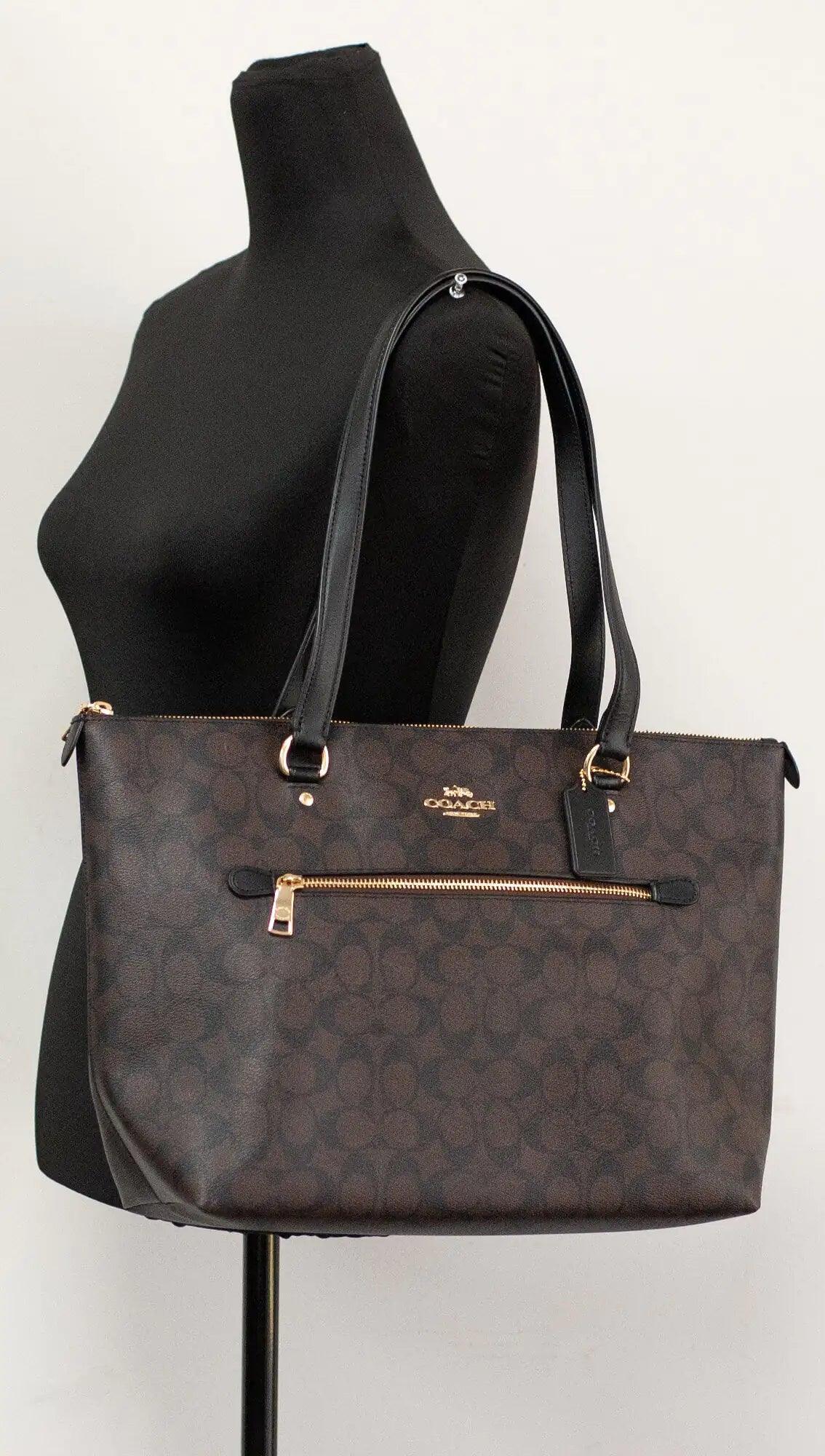 Coach Signature Coated Canvas Brown Black Leather Gallery Tote Handbag - Evallys.com # #