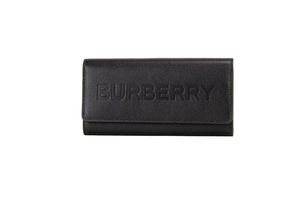 Burberry Porter Black Leather Branded Embossed Clutch Flap Wallet - Evallys.com # #