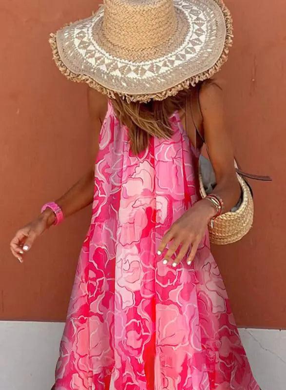 Dokotoo Women Summer Dresses 2024 Spaghetti Strap Scoop Neck Smocked Ruffle Flowy Boho Maxi Dress Small Rose - Evallys.com