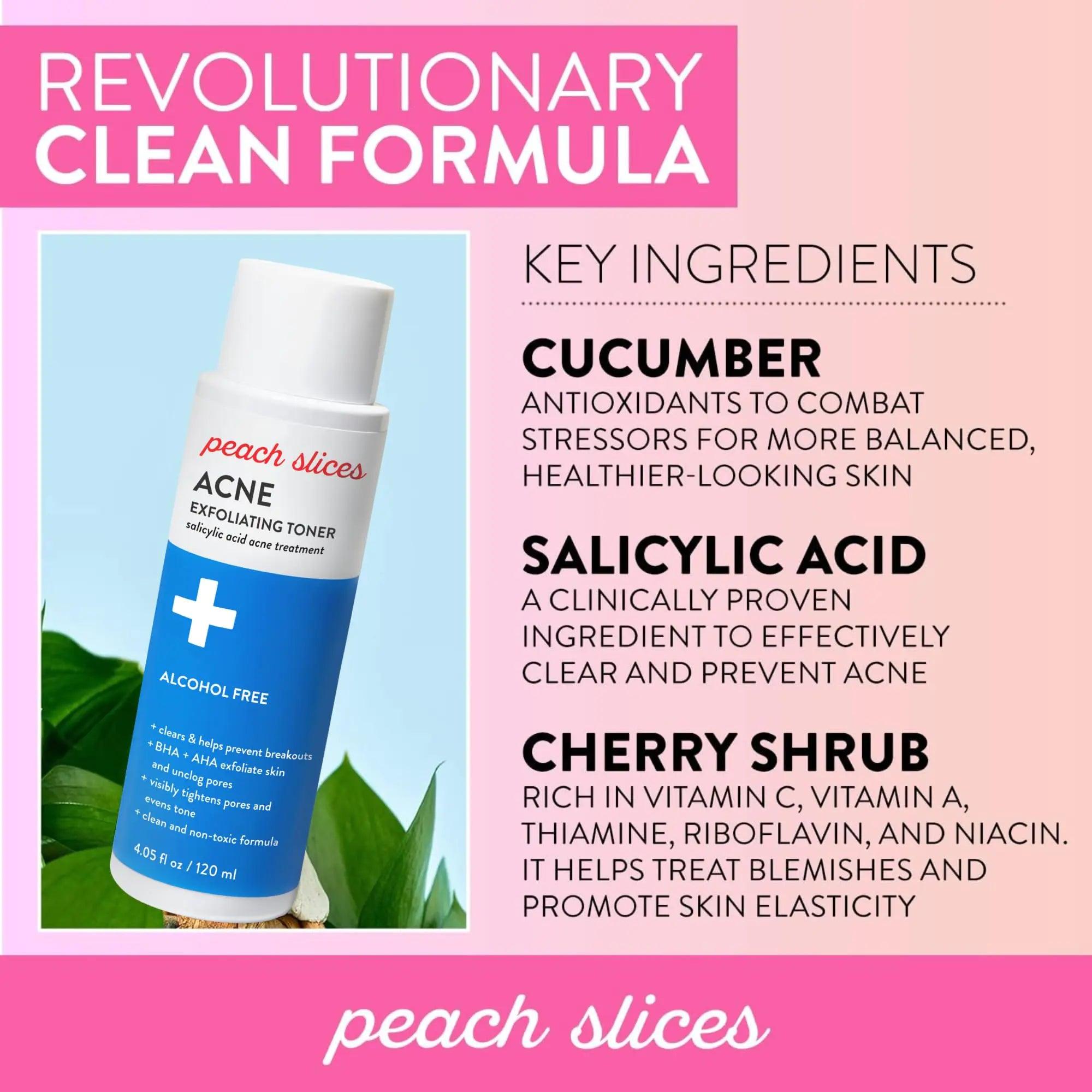 Peach Slices | Acne Exfoliating Toner | 2% Salicylic Acid | AHA+BHA Exfoliation | Facial Cleanser | Calms & Soothes | Prevents Breakouts | Alcohol & Sulfate Free | Skin Care for Women & Men | 4 Oz - Evallys.com # #