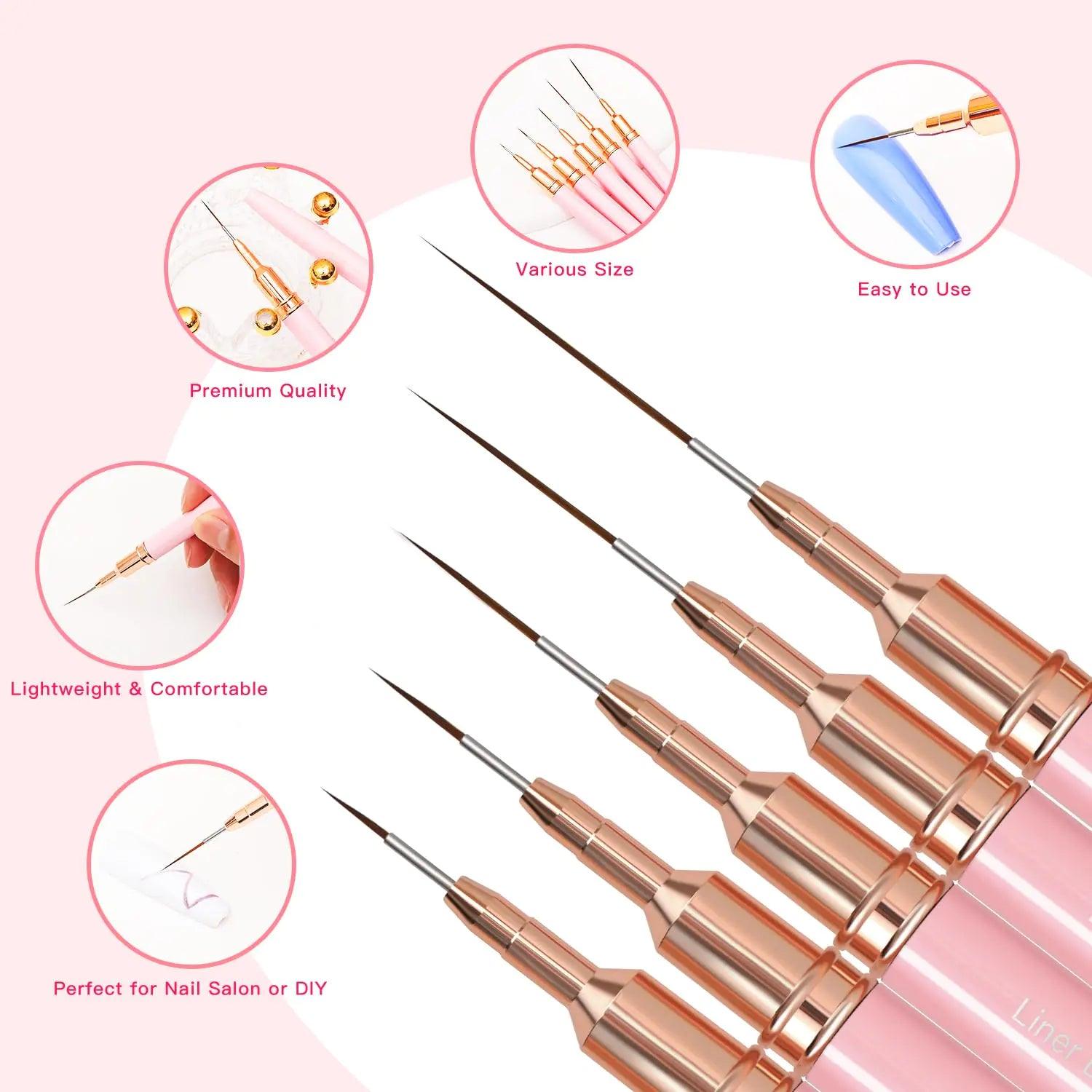 Nail Art Liner Brushes, 5Pcs Painting Nail Art Brush Set Nail Dotting Drawing Tool for Long Lines, Thin Details, Fine Drawing Sizes 4/8/12/20/25mm(Pink) Pink - Evallys.com # #