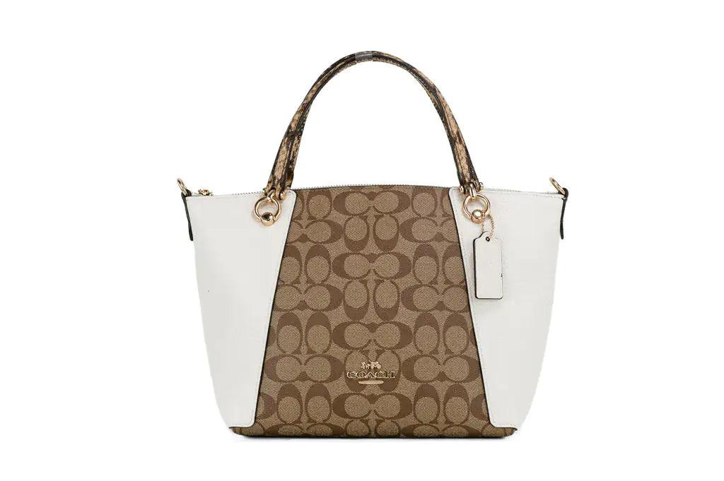 Coach (C7261) Kacey Khaki Chalk Blocked Canvas Top Zip Satchel Crossbody Handbag - Evallys.com # #