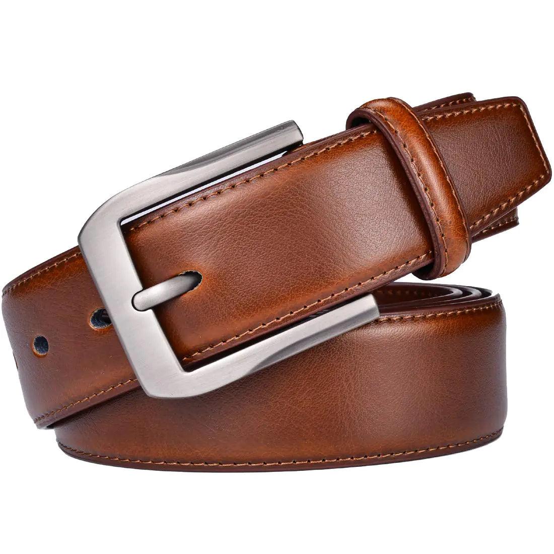 beltox fine Men’s Casual Leather Jeans Belts 1 1/2” Wide 4MM Thick Alloy Prong Buckle Work Dress Belt for Men Brown Belt With Silver Buckle 30-32 - Evallys.com # #