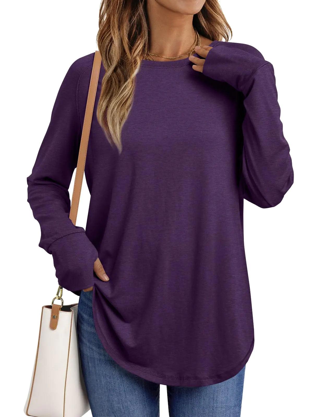 AUTOMET Womens Long Sleeve Shirts Crew Neck Casual Tshirts Fall Fashion Tops Loose Fit Lightweight Y2k Outfits Clothes Purple Small - Evallys.com # #